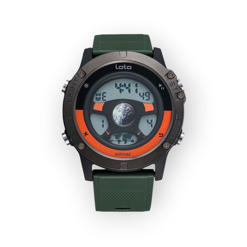 Reloj digital LOTO COMPANY LOUNAR 2522 verde con correa de silicona, pantalla con gráfico lunar y resistencia al agua.