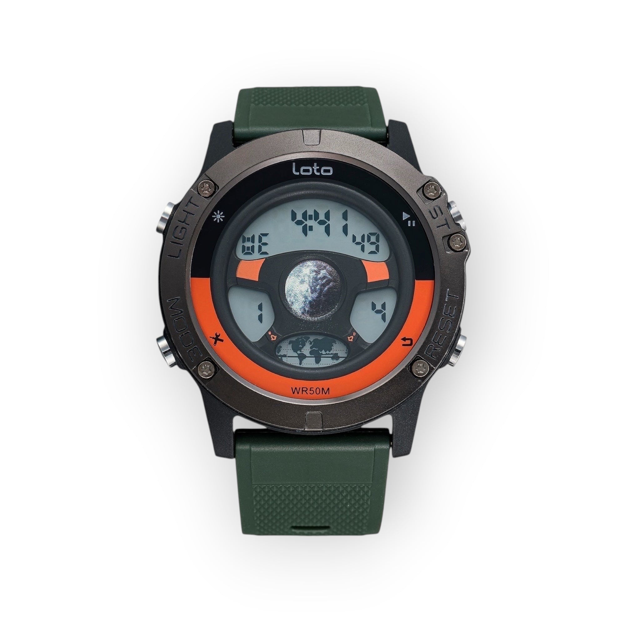 Reloj digital LOTO COMPANY LOUNAR 2522 verde con correa de silicona, pantalla con gráfico lunar y resistencia al agua.