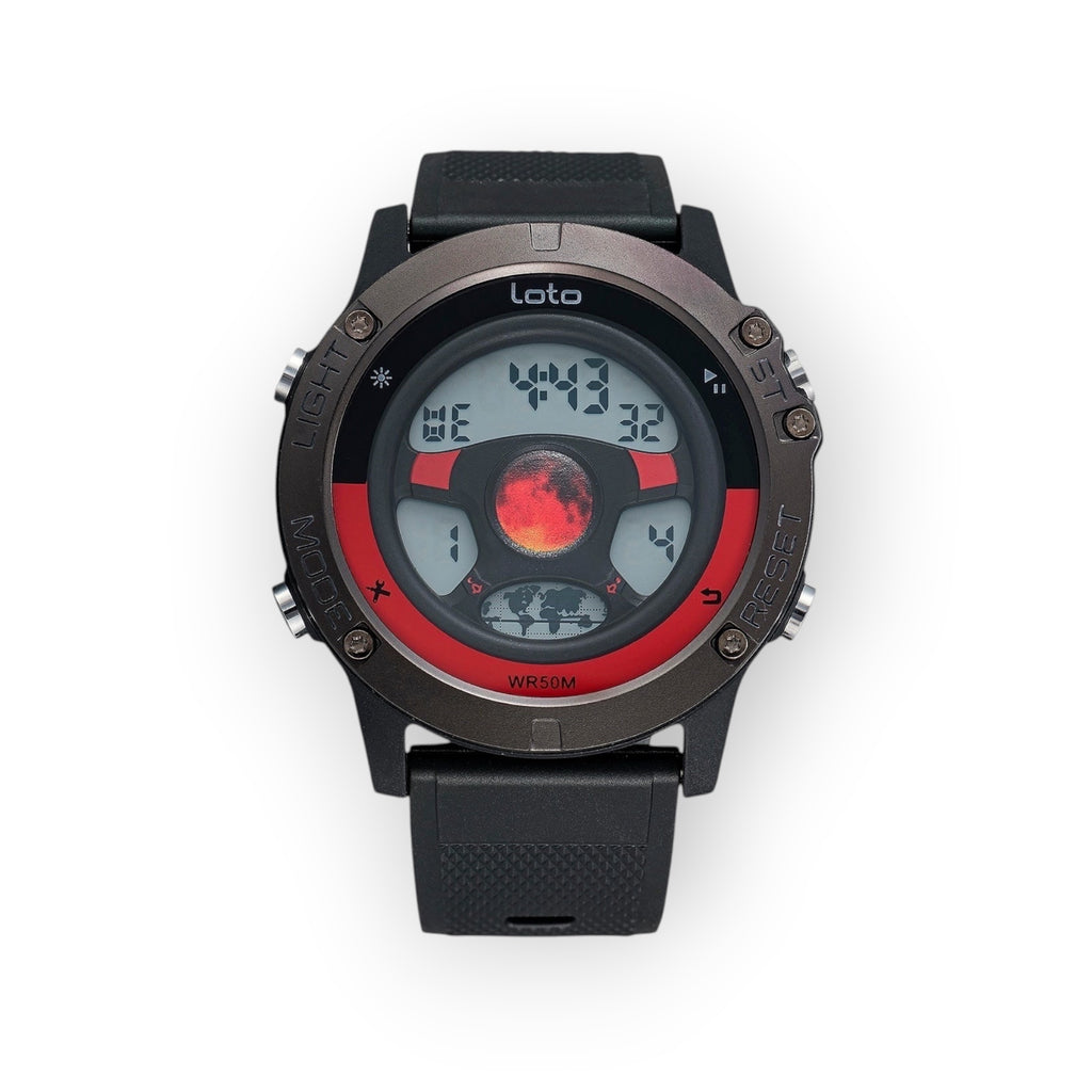 Reloj digital deportivo LOTO COMPANY modelo LOUNAR 2522, caja metálica, correa de silicona negra y esfera roja.