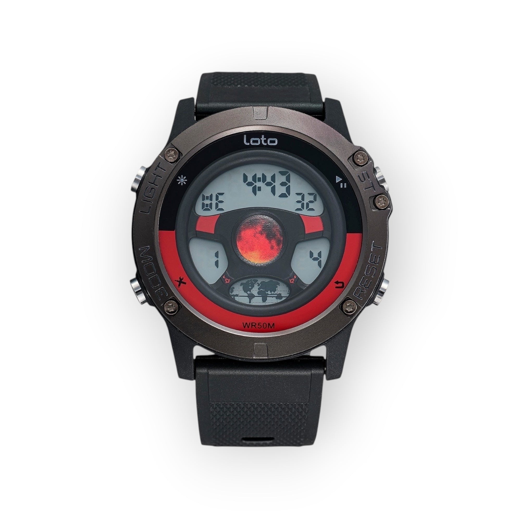 Reloj digital deportivo LOTO COMPANY modelo LOUNAR 2522, caja metálica, correa de silicona negra y esfera roja.