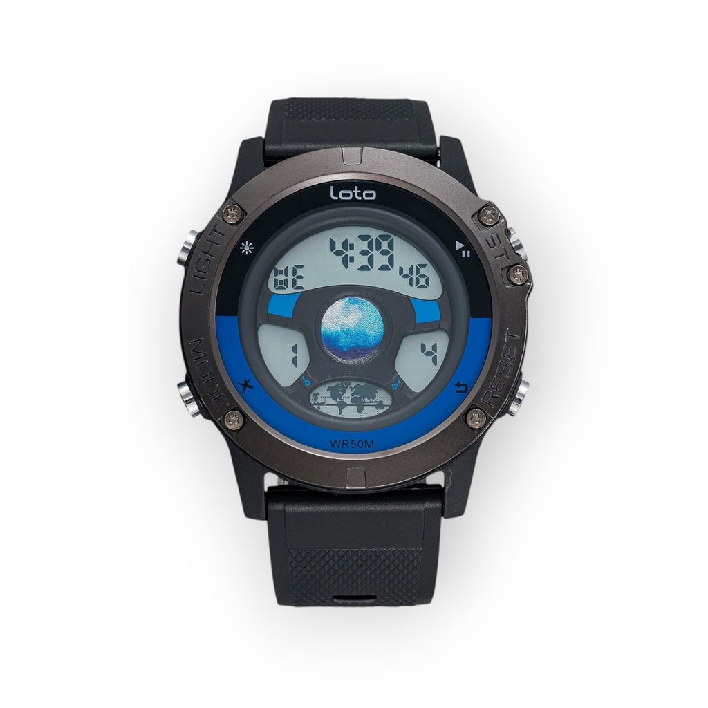 Reloj digital deportivo LOTO COMPANY modelo LOUNAR 2522 con correa de silicona negra, caja metálica y esfera azul.