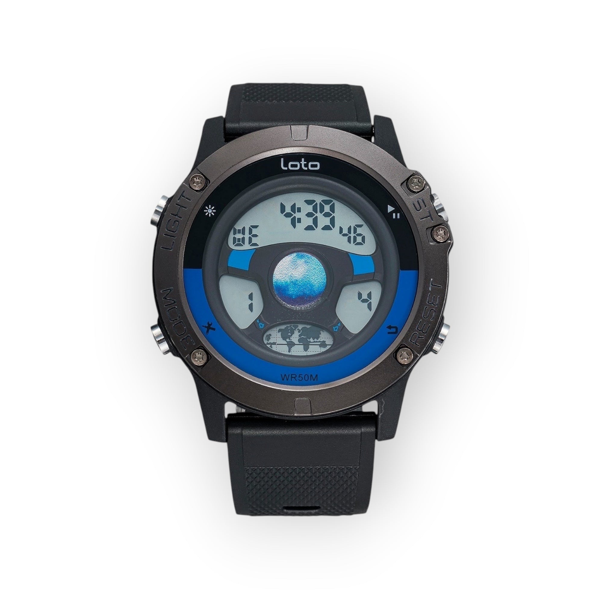 Reloj digital deportivo LOTO COMPANY modelo LOUNAR 2522 con correa de silicona negra, caja metálica y esfera azul.
