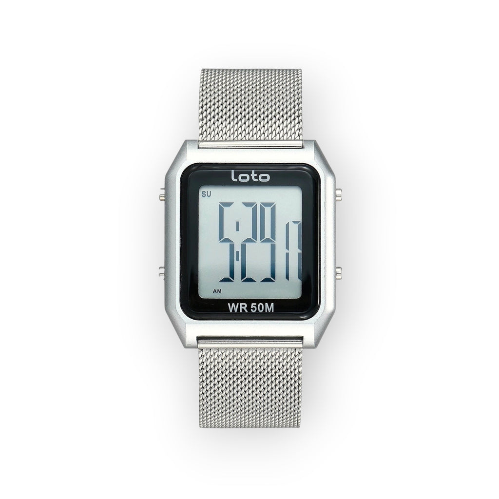 Reloj digital plateado LOTO COMPANY MESH / 2550 con correa de malla metálica y caja cuadrada. Resistente al agua 50M.