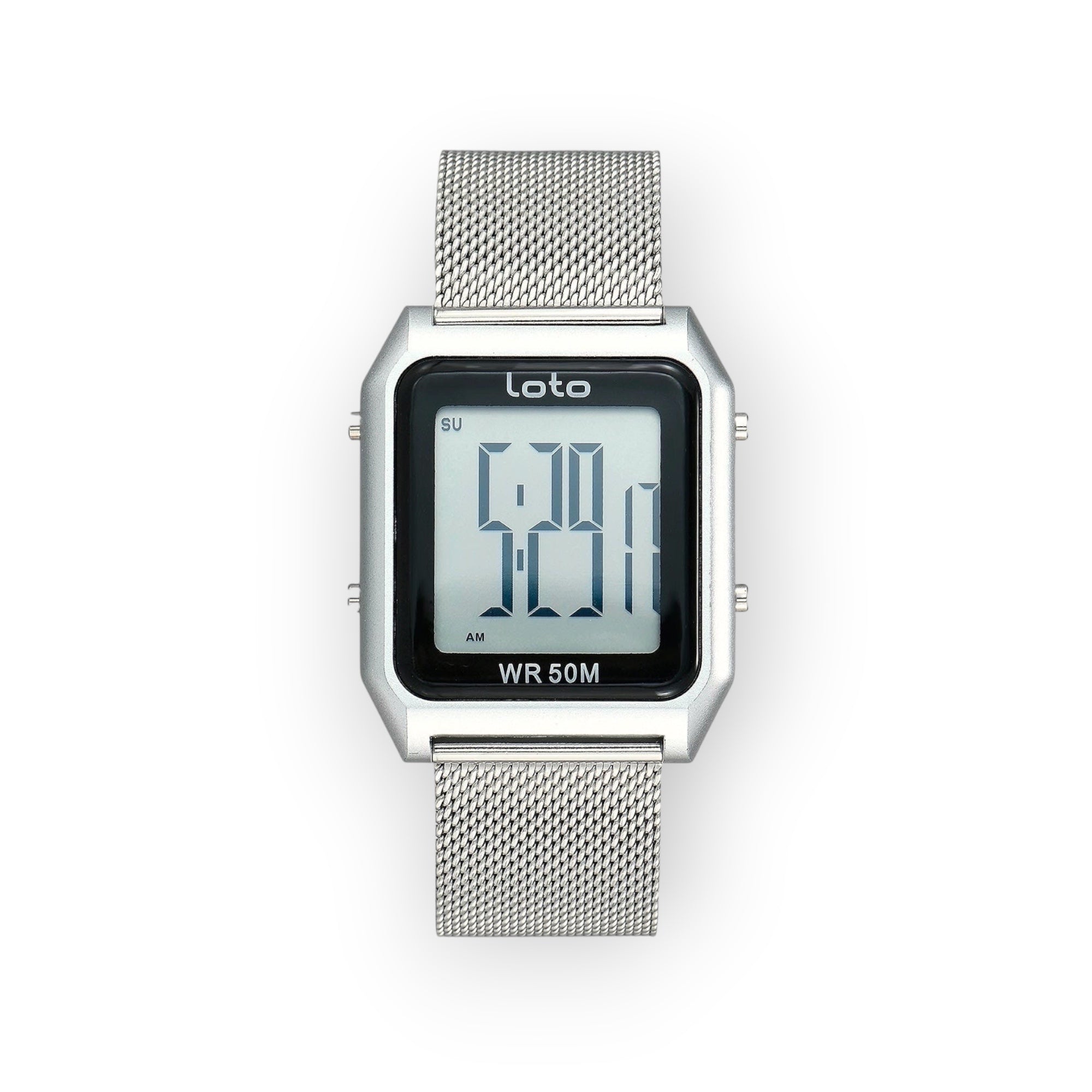Reloj digital plateado LOTO COMPANY MESH / 2550 con correa de malla metálica y caja cuadrada. Resistente al agua 50M.