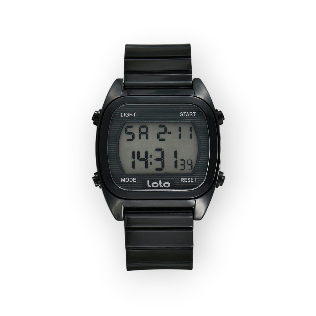 Reloj digital LOTO COMPANY negro con correa de resina y caja cuadrada. Pantalla digital con cronómetro, alarma y luz.