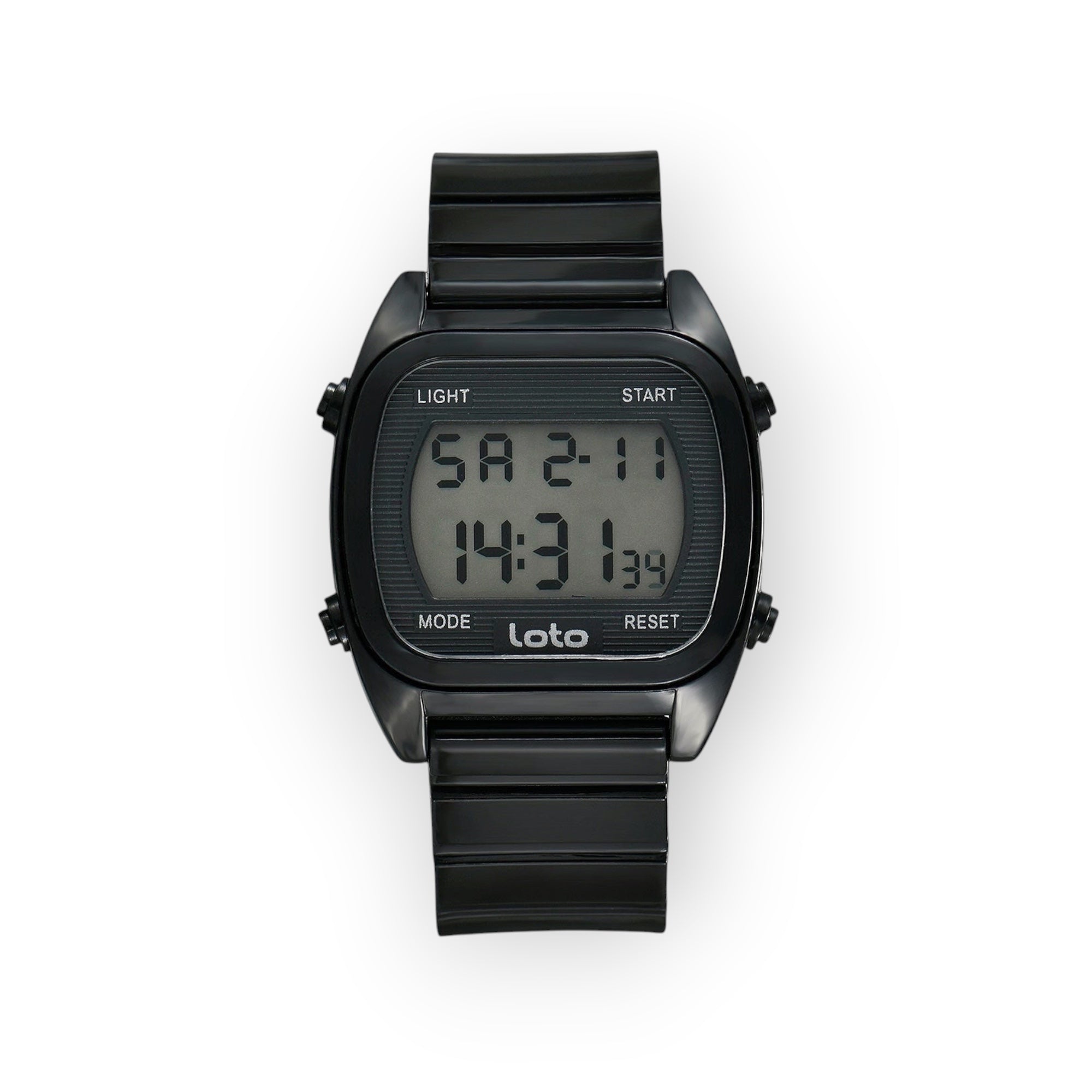Reloj digital LOTO COMPANY negro con correa de resina y caja cuadrada. Pantalla digital con cronómetro, alarma y luz.
