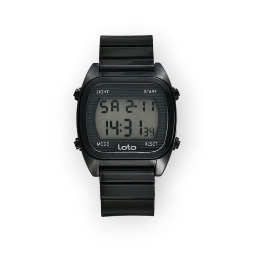 Reloj digital LOTO COMPANY negro con correa de resina y caja cuadrada. Pantalla digital con cronómetro, alarma y luz.