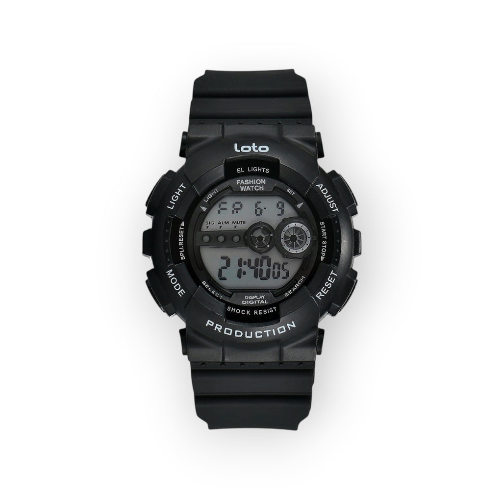 Reloj digital negro LOTO COMPANY con correa de resina, esfera con detalles dorados y funciones de alarma y cronómetro.
