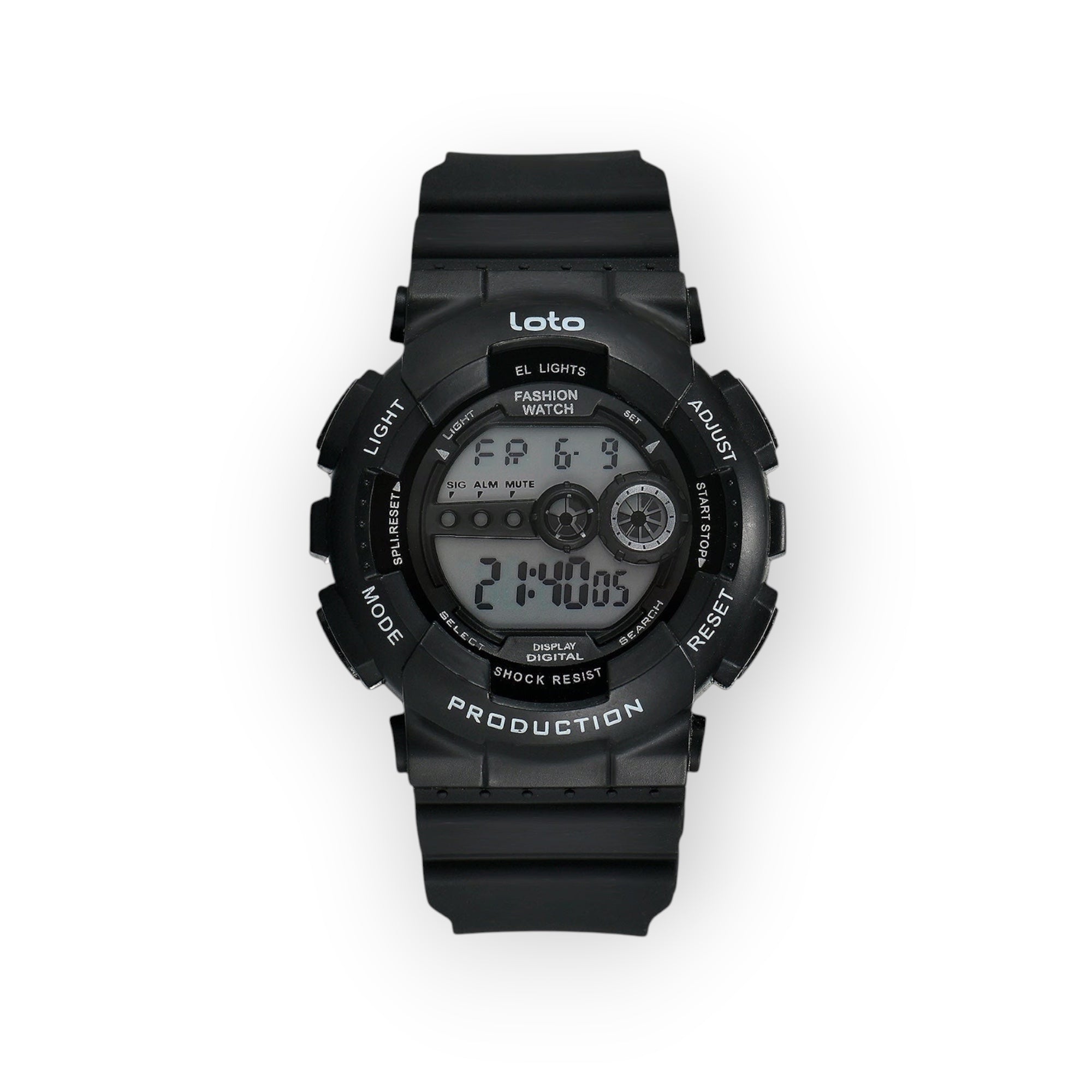 Reloj digital negro LOTO COMPANY con correa de resina, esfera con detalles dorados y funciones de alarma y cronómetro.