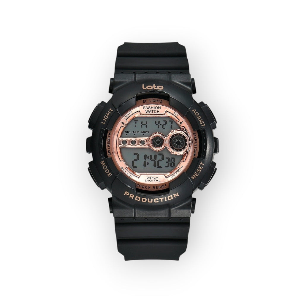 Reloj digital LOTO COMPANY negro con detalles en cobre, correa de resina, esfera con hora y fecha. Resistente a golpes.
