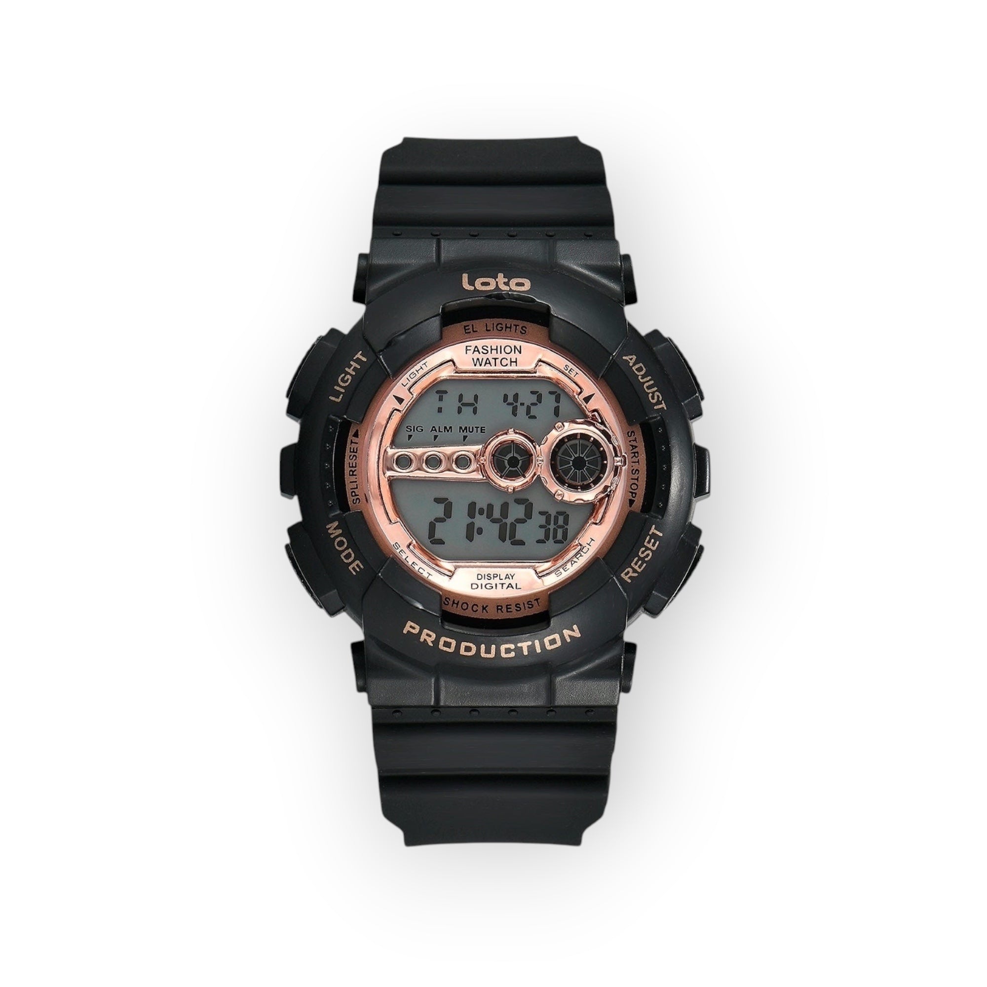 Reloj digital LOTO COMPANY negro con detalles en cobre, correa de resina, esfera con hora y fecha. Resistente a golpes.