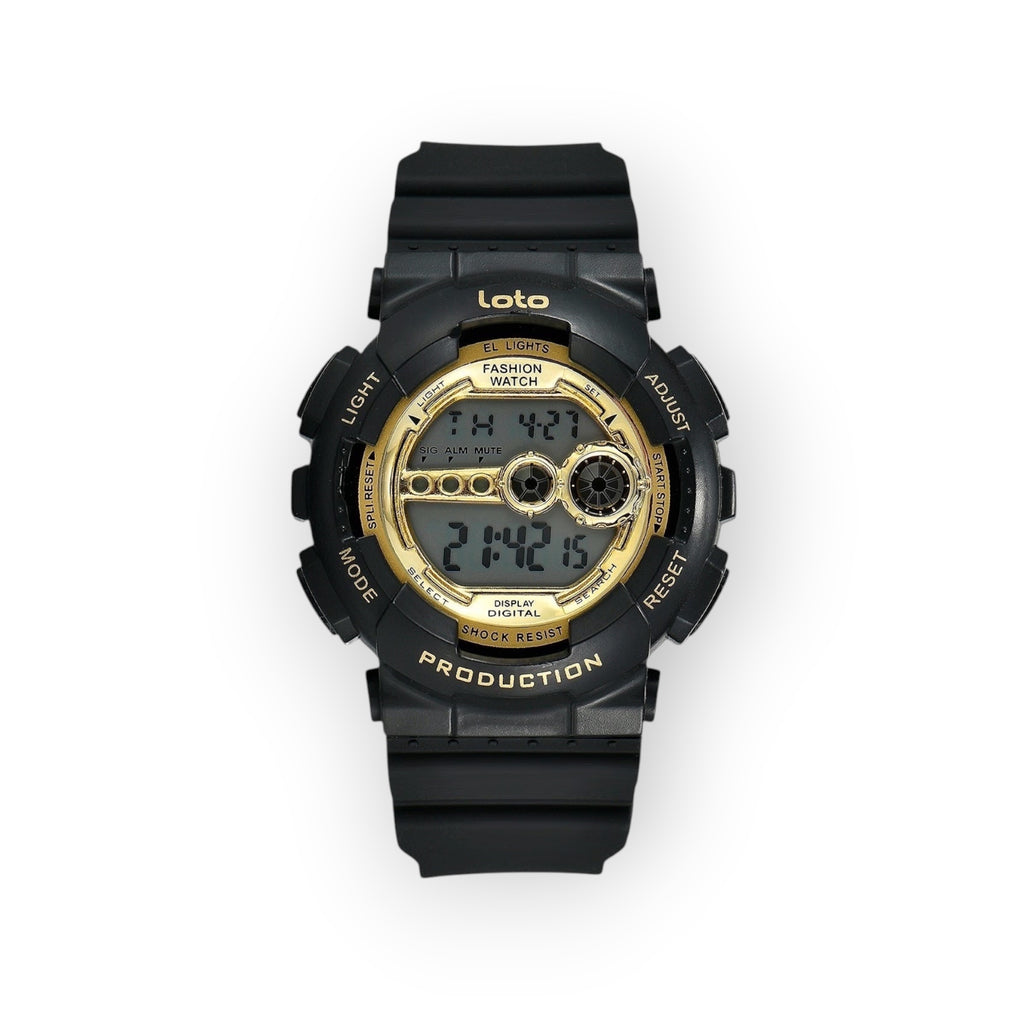Reloj digital LOTO COMPANY negro con esfera dorada, correa de resina, resistente a golpes, ideal para uso diario y deportivo.