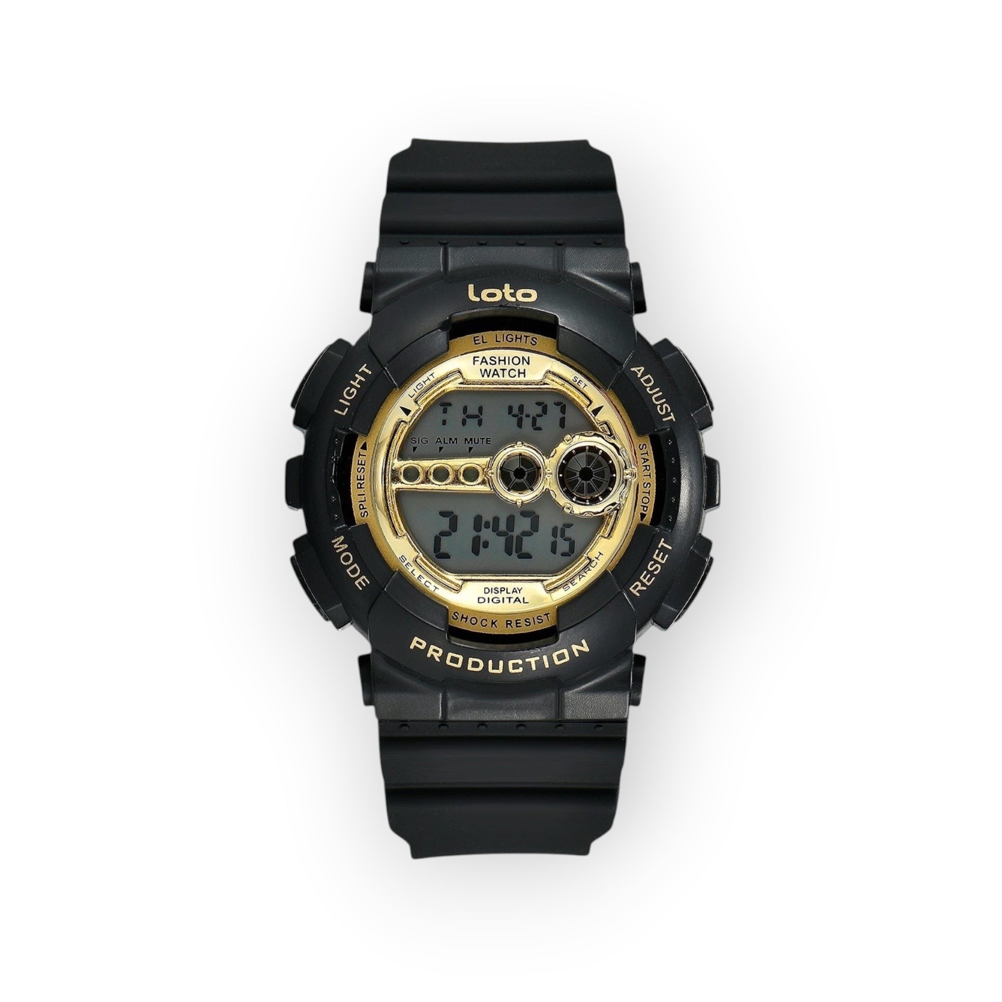 Reloj digital LOTO COMPANY negro con esfera dorada, correa de resina, resistente a golpes, ideal para uso diario y deportivo.