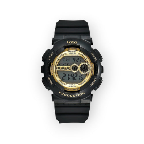 Reloj digital LOTO COMPANY negro con esfera dorada, correa de resina, resistente a golpes, ideal para uso diario y deportivo.