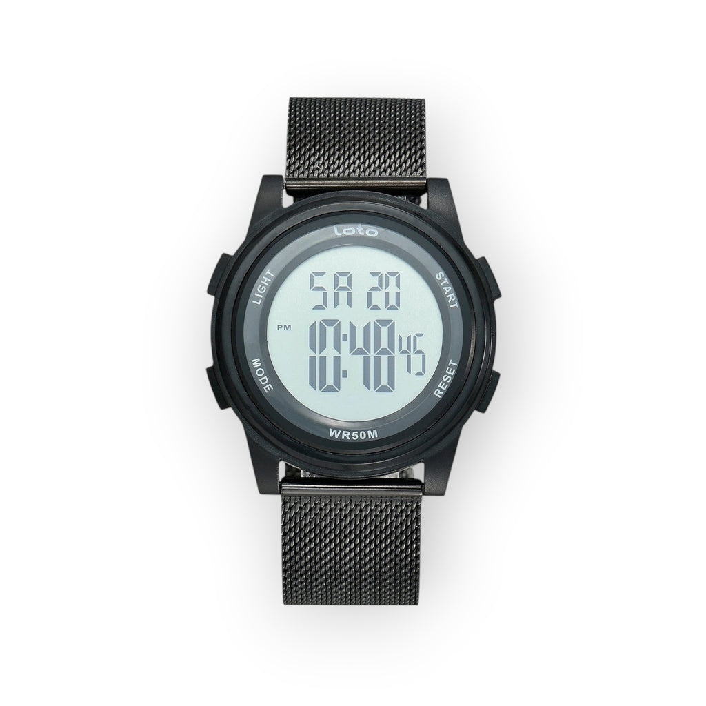Reloj digital STELLA / 2549 de LOTO COMPANY en negro, con correa de malla metálica y esfera digital con fecha y hora.