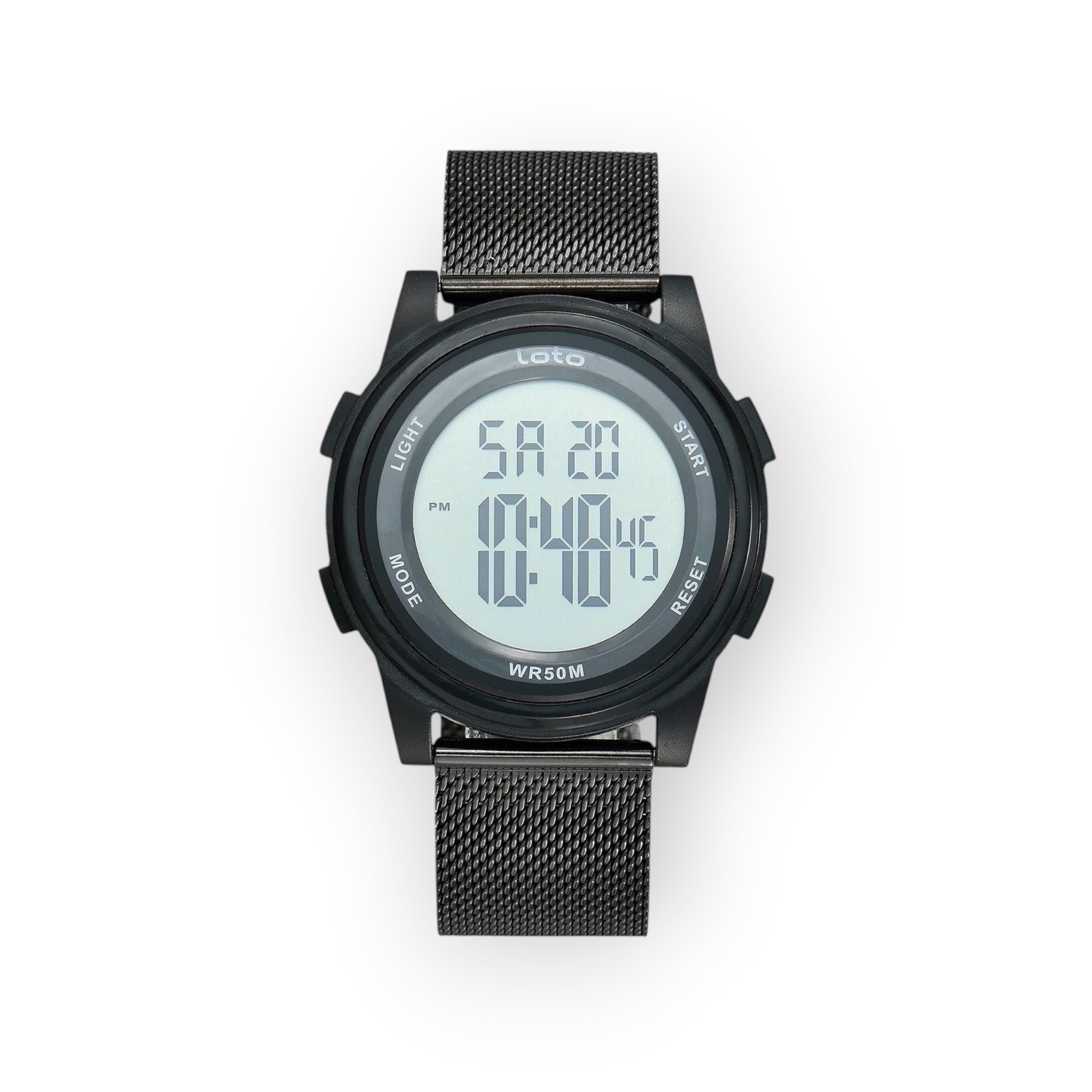 Reloj digital STELLA / 2549 de LOTO COMPANY en negro, con correa de malla metálica y esfera digital con fecha y hora.