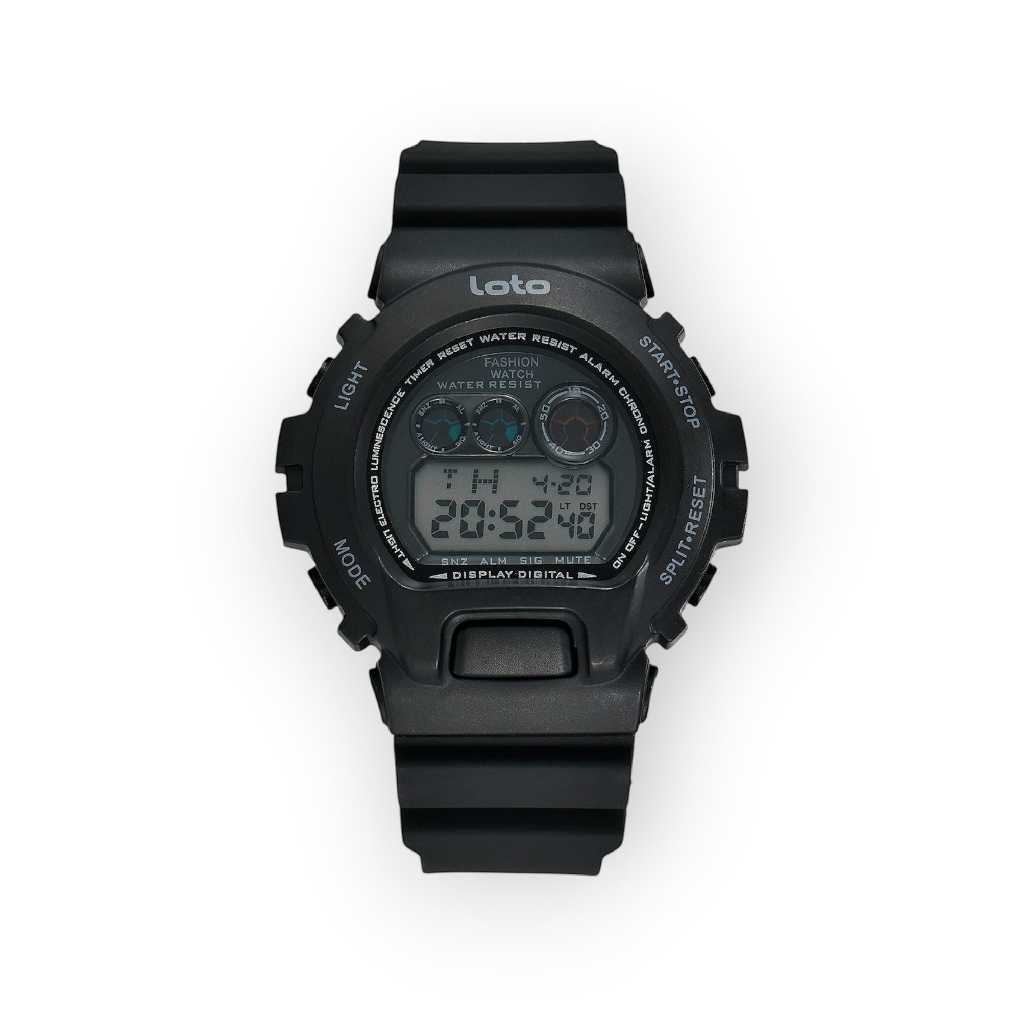 Reloj digital LOTO COMPANY negro de resina con pantalla LCD, funciones de alarma y cronómetro. Estilo deportivo.