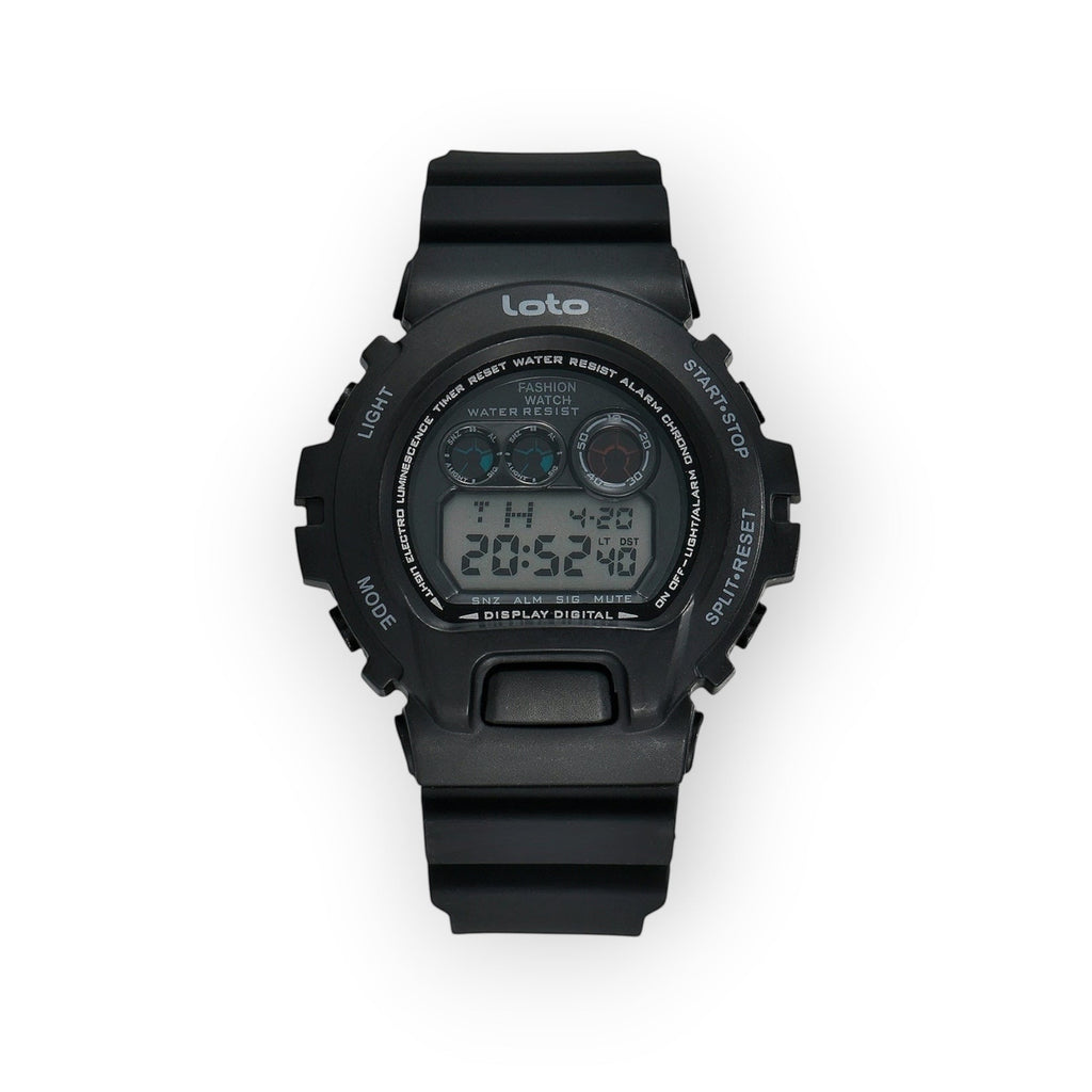 Reloj digital LOTO COMPANY negro de resina con pantalla LCD, funciones de alarma y cronómetro. Estilo deportivo.