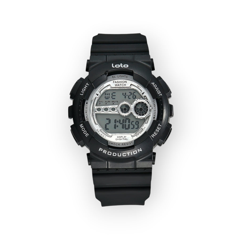 Reloj digital LOTO COMPANY negro de resina con esfera plateada, detalles dorados y funciones de cronómetro y alarma.