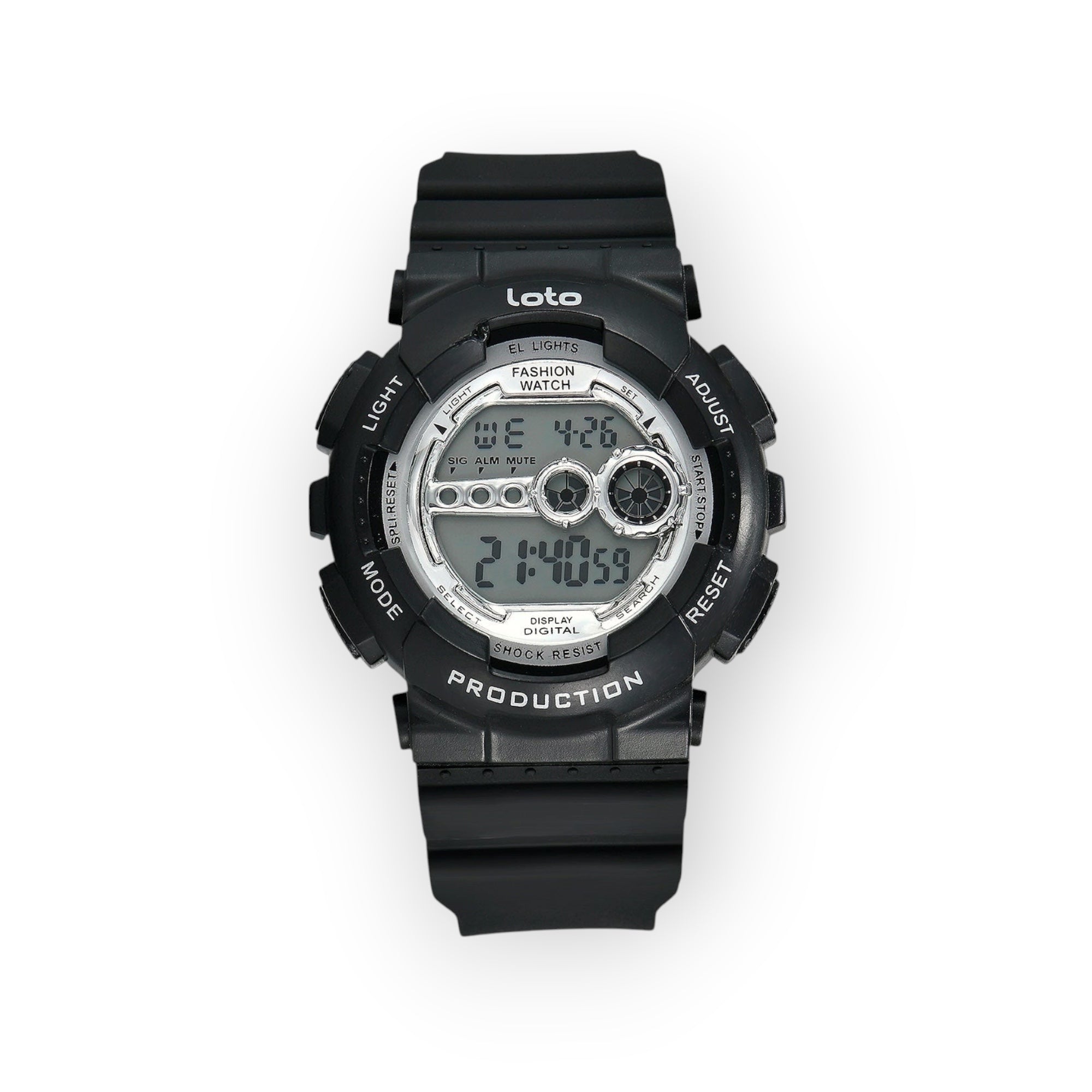Reloj digital LOTO COMPANY negro de resina con esfera plateada, detalles dorados y funciones de cronómetro y alarma.