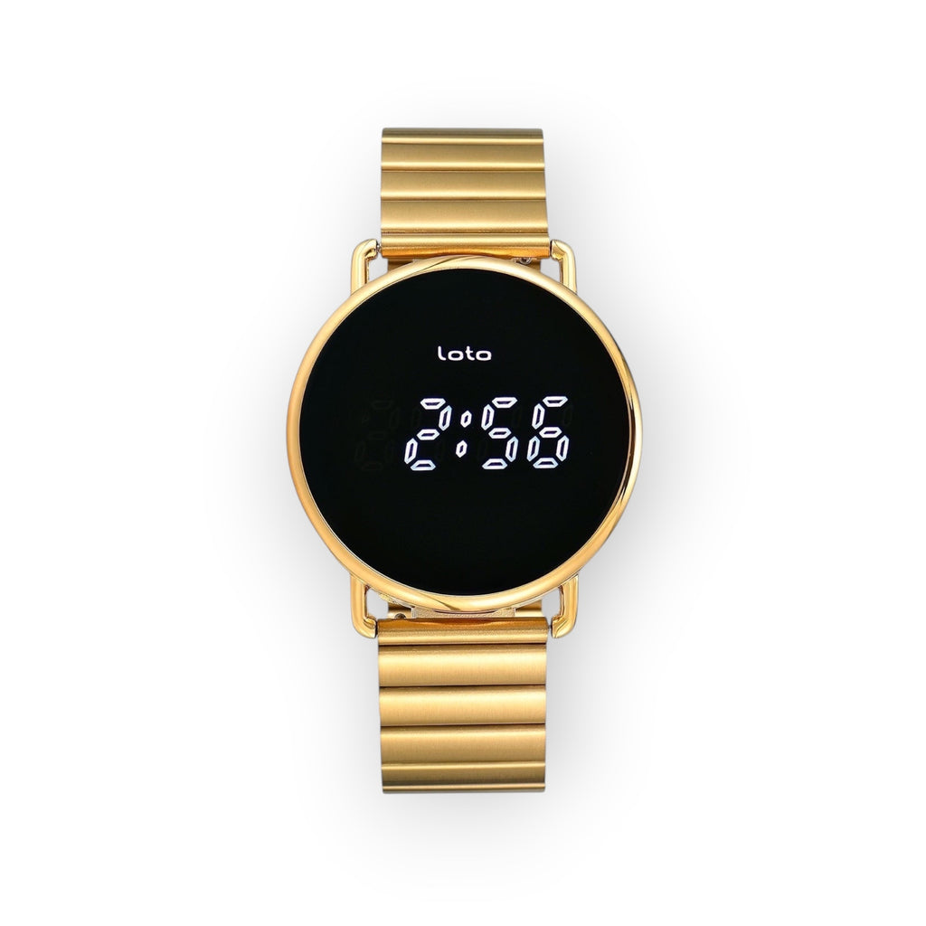 Reloj digital LOTO COMPANY NEO 2539-1 con esfera circular negra, pantalla LED y correa de eslabones metálicos dorados.