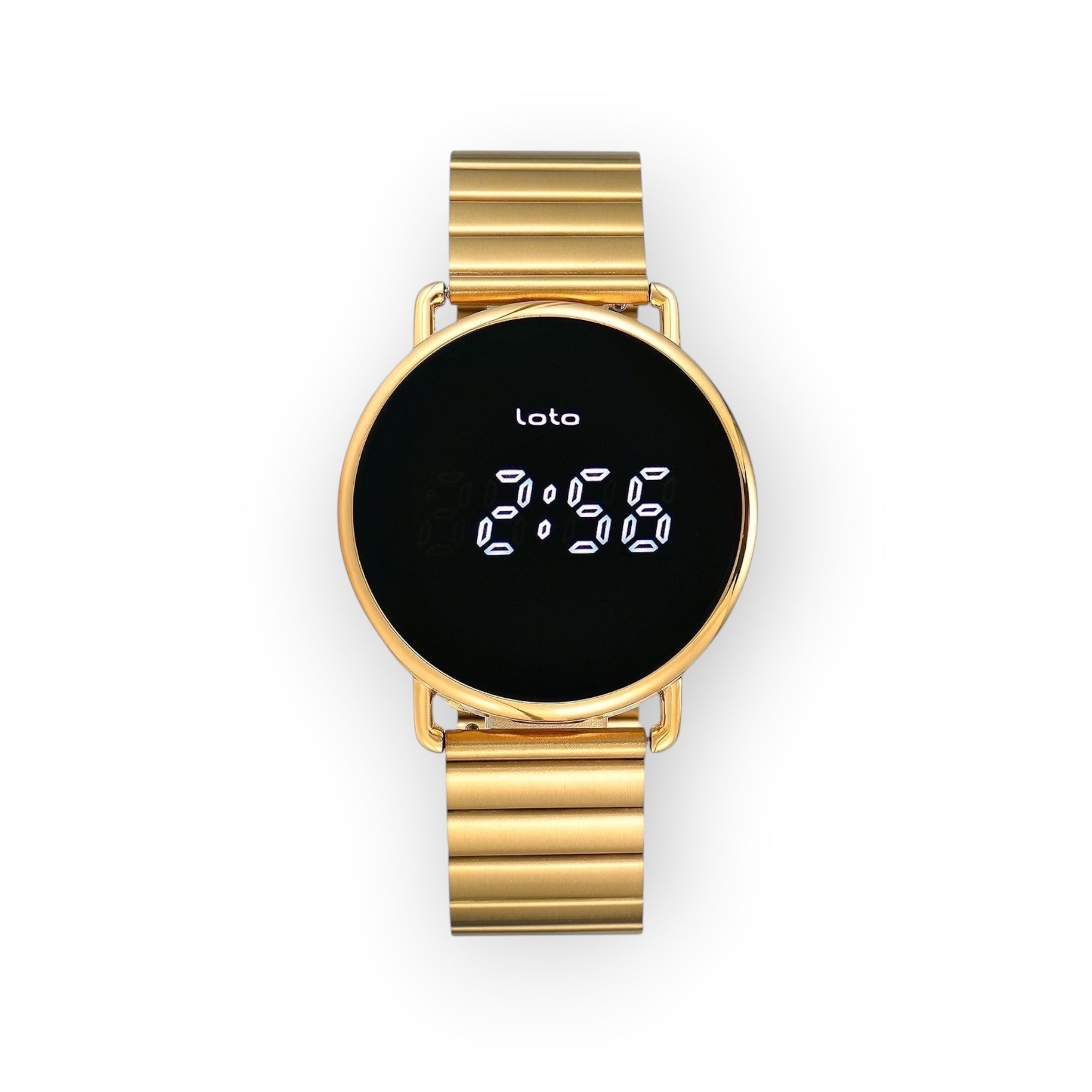 Reloj digital LOTO COMPANY NEO 2539-1 con esfera circular negra, pantalla LED y correa de eslabones metálicos dorados.