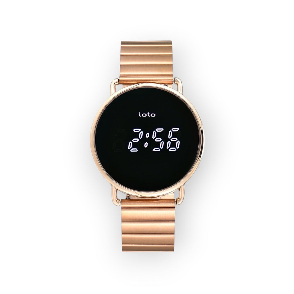 Reloj digital LOTO COMPANY NEO 2539-1 con esfera circular negra, pantalla LED y correa de eslabones en tono oro rosa.