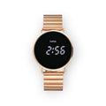 Reloj digital LOTO COMPANY NEO 2539-1 con esfera circular negra, pantalla LED y correa de eslabones en tono oro rosa.