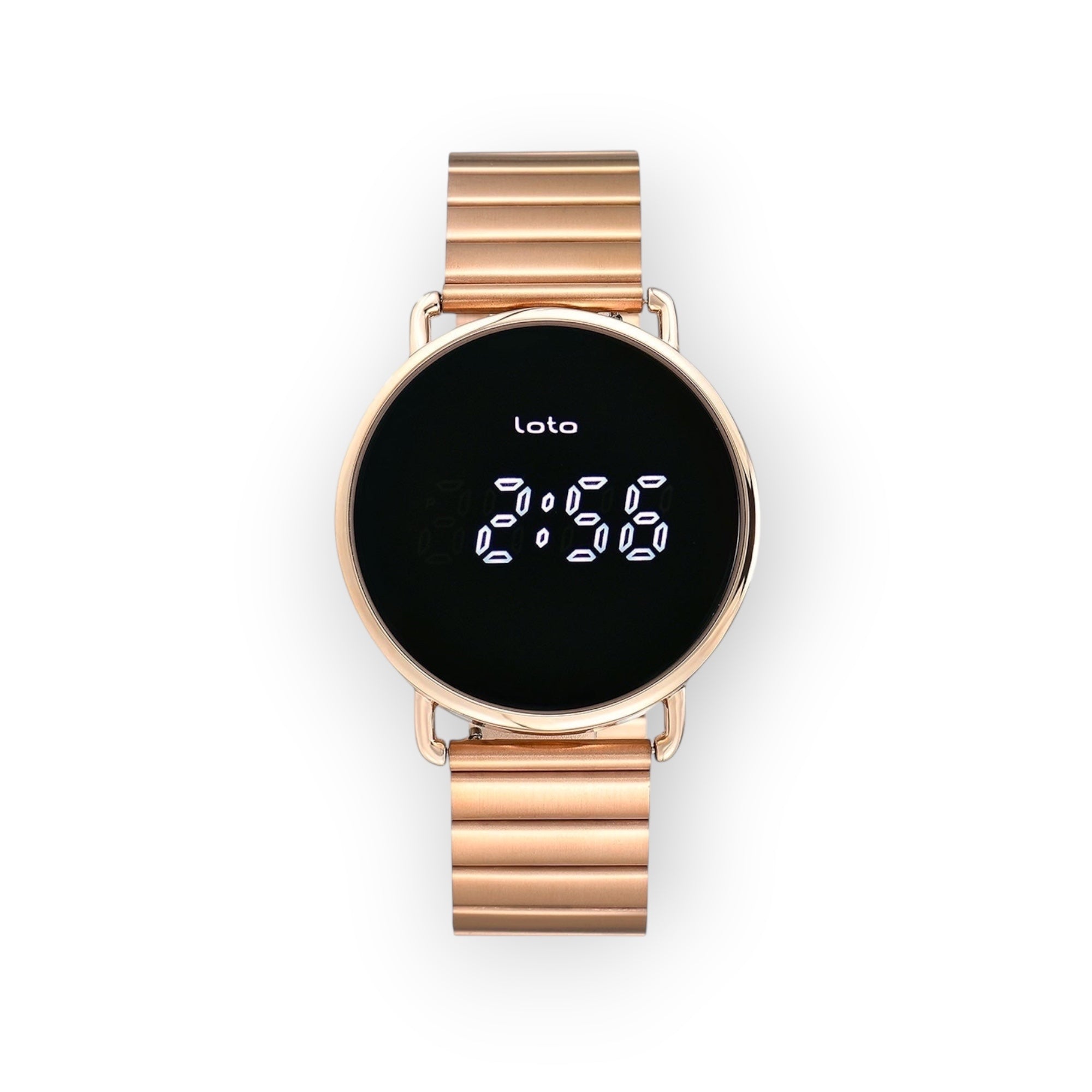 Reloj digital LOTO COMPANY NEO 2539-1 con esfera circular negra, pantalla LED y correa de eslabones en tono oro rosa.