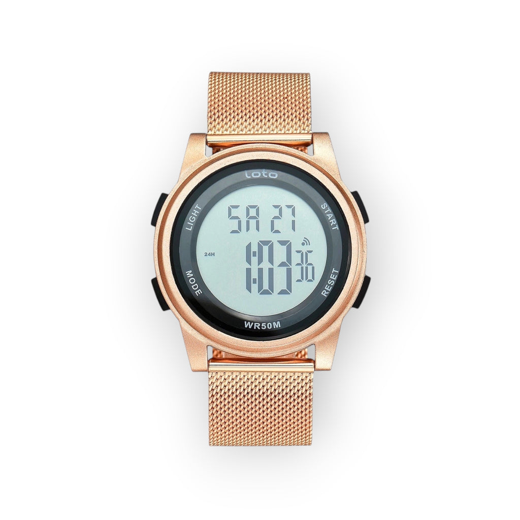 Reloj digital LOTO COMPANY STELLA / 2549 en oro rosa con correa de malla metálica y esfera digital.