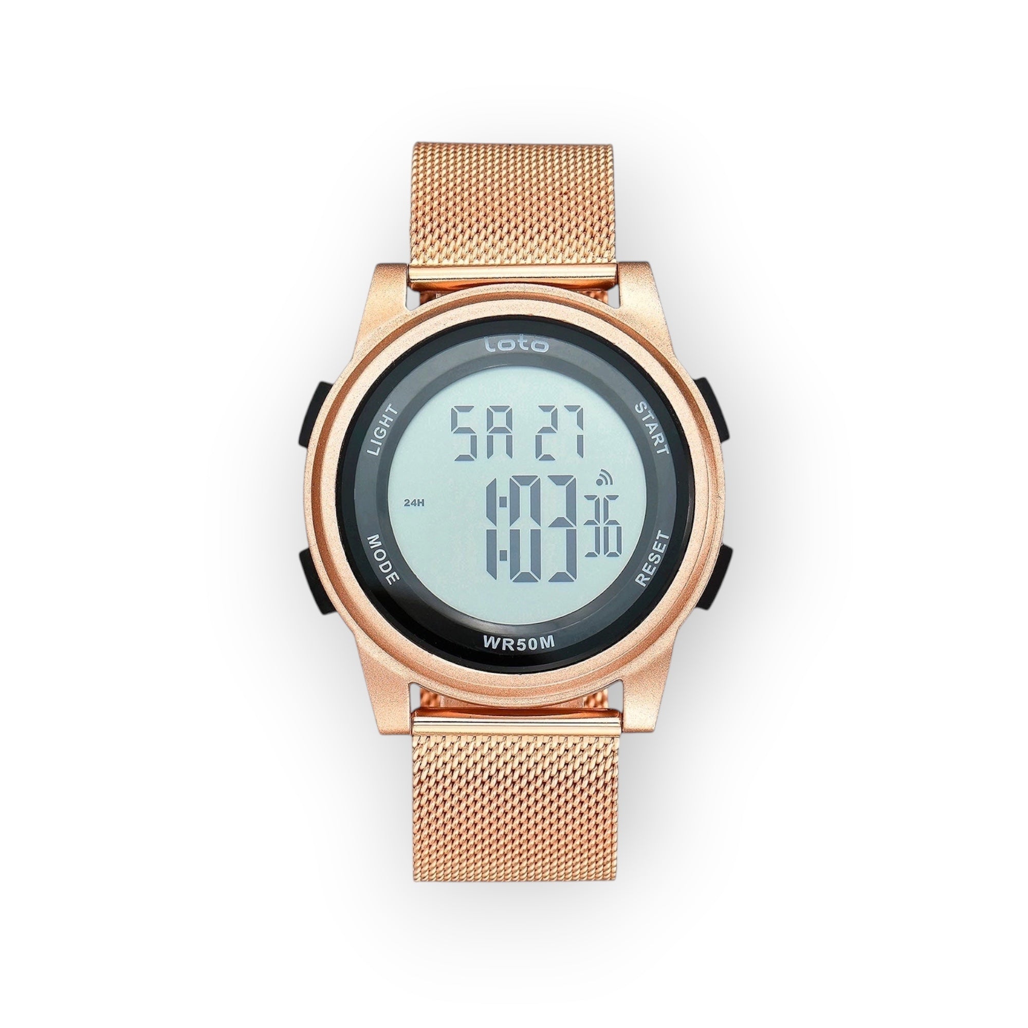 Reloj digital LOTO COMPANY STELLA / 2549 en oro rosa con correa de malla metálica y esfera digital.