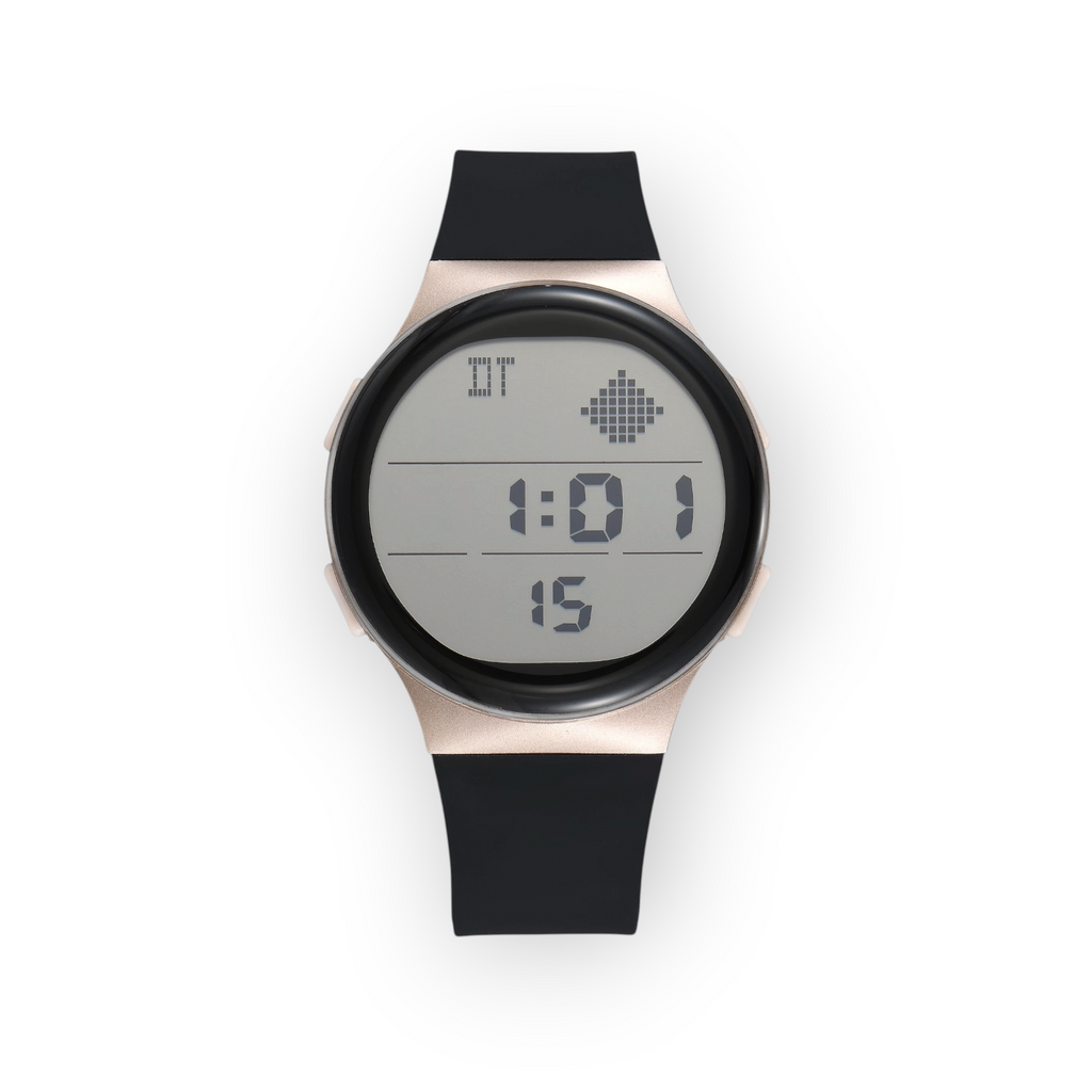 Reloj digital LOTO COMPANY ZYRVANO 2604 con caja en tono oro rosa y correa de silicona negra
