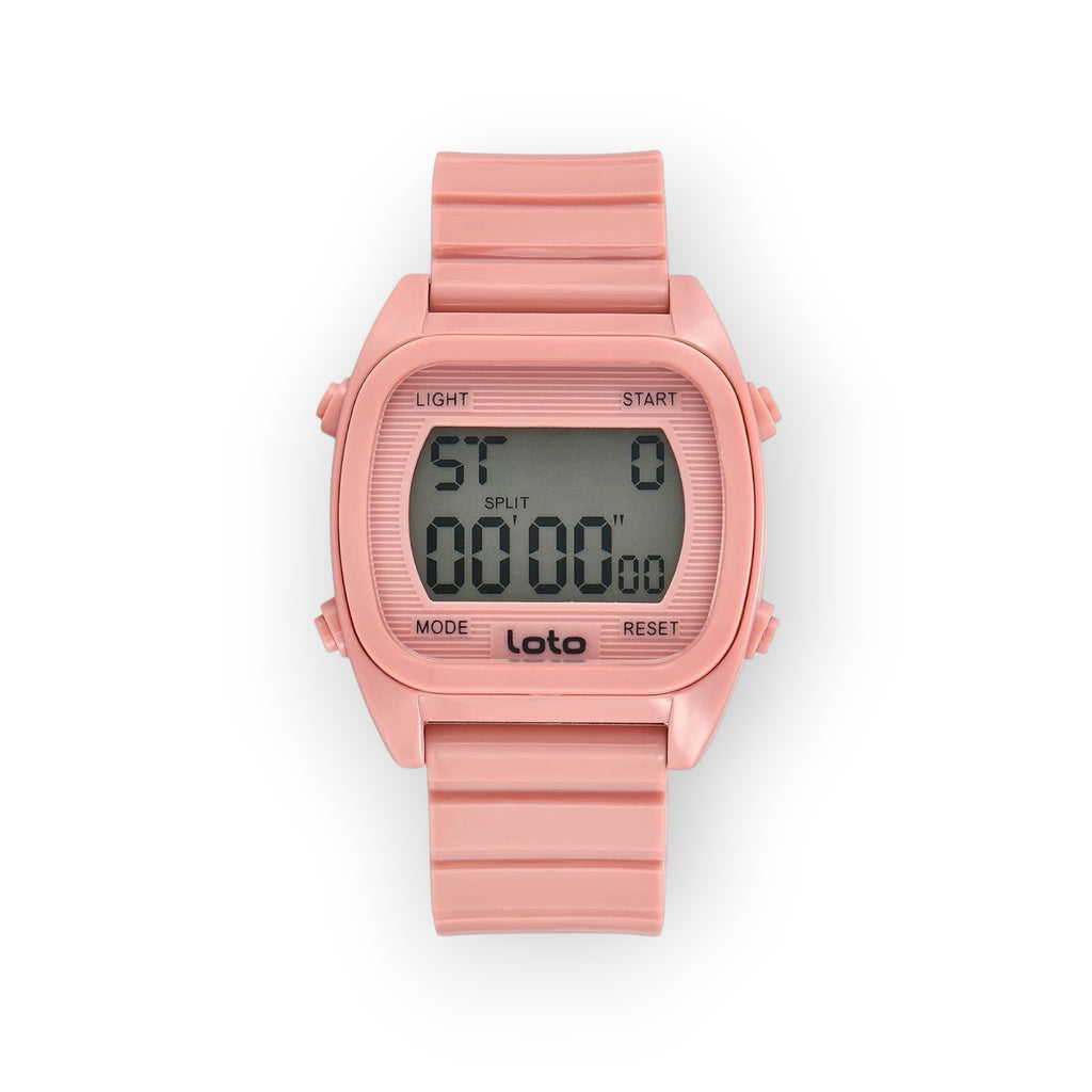 Reloj digital LOTO COMPANY rosa con correa de resina y caja cuadrada. Pantalla digital con cronómetro, alarma y luz. Cierre de hebilla.