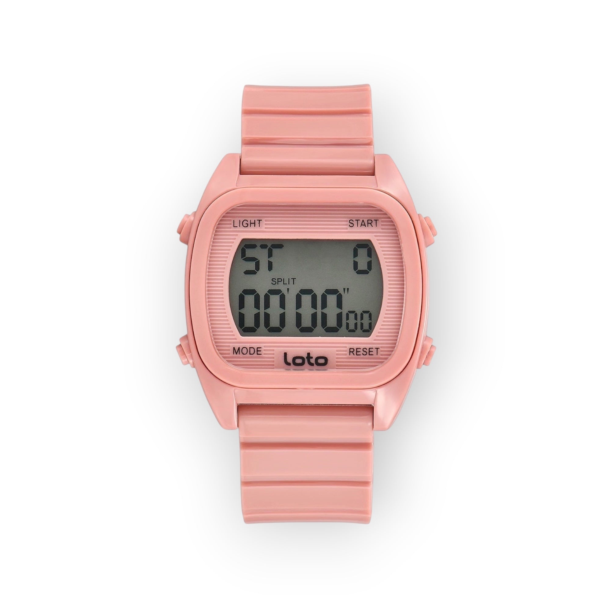 Reloj digital LOTO COMPANY rosa con correa de resina y caja cuadrada. Pantalla digital con cronómetro, alarma y luz. Cierre de hebilla.