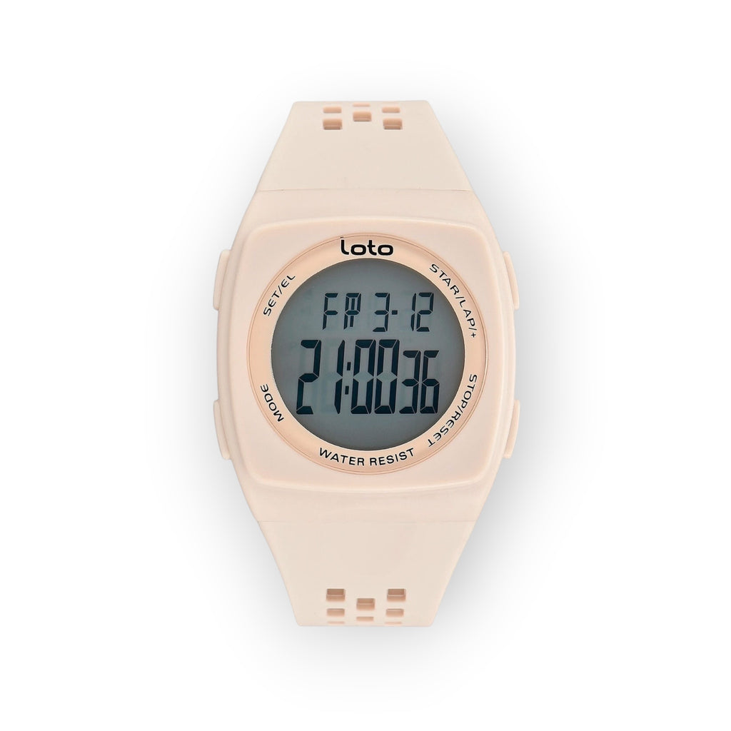 Reloj digital LOTO COMPANY BLACKOUT / 2531-1 en color rosa pálido con correa de silicona y pantalla digital clara.
