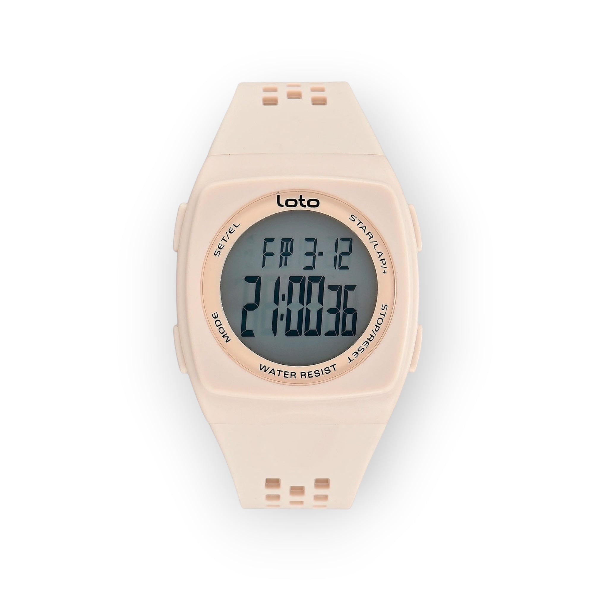 Reloj digital LOTO COMPANY BLACKOUT / 2531-1 en color rosa pálido con correa de silicona y pantalla digital clara.