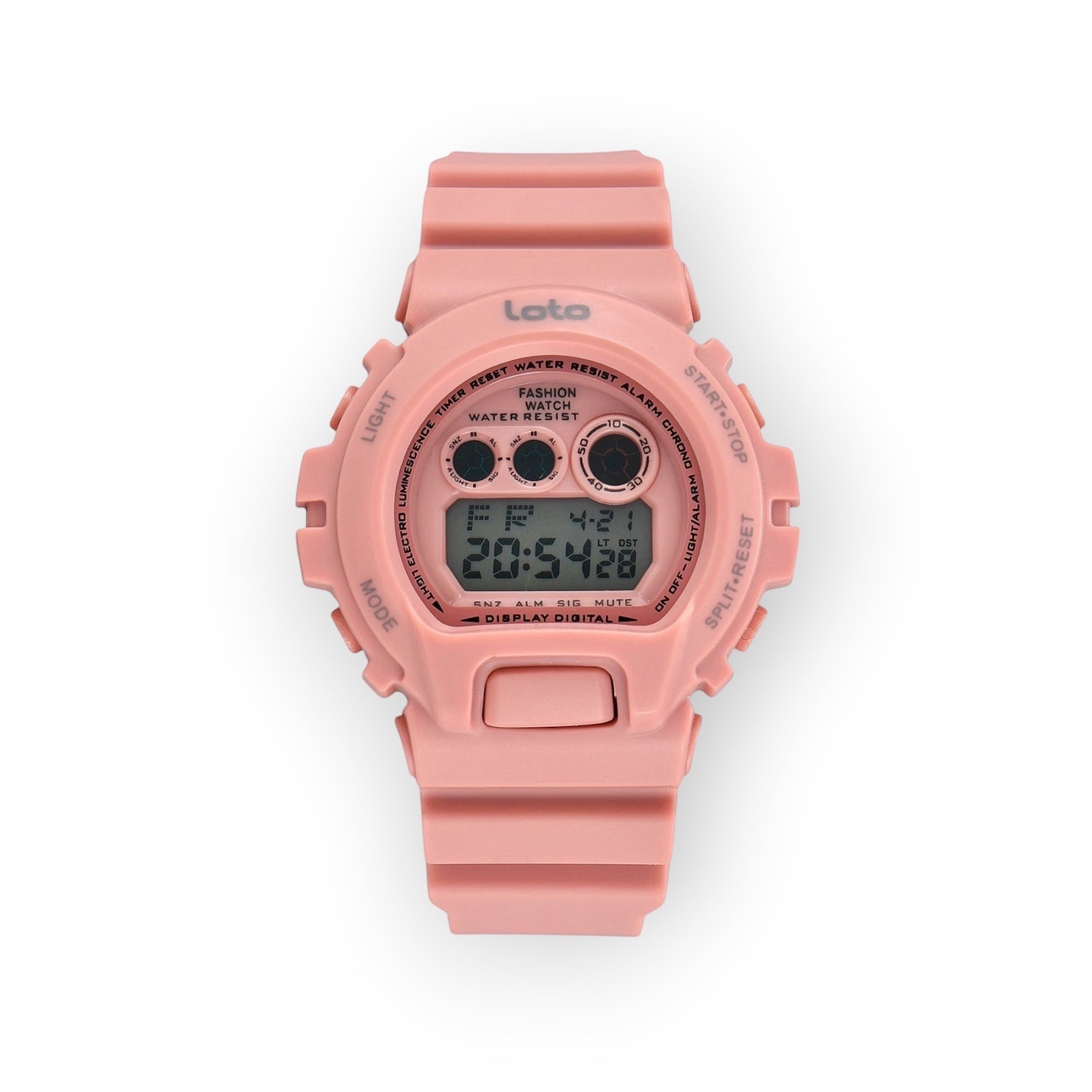 Reloj digital LOTO COMPANY rosa de resina con pantalla LCD, funciones de hora, fecha y alarma.