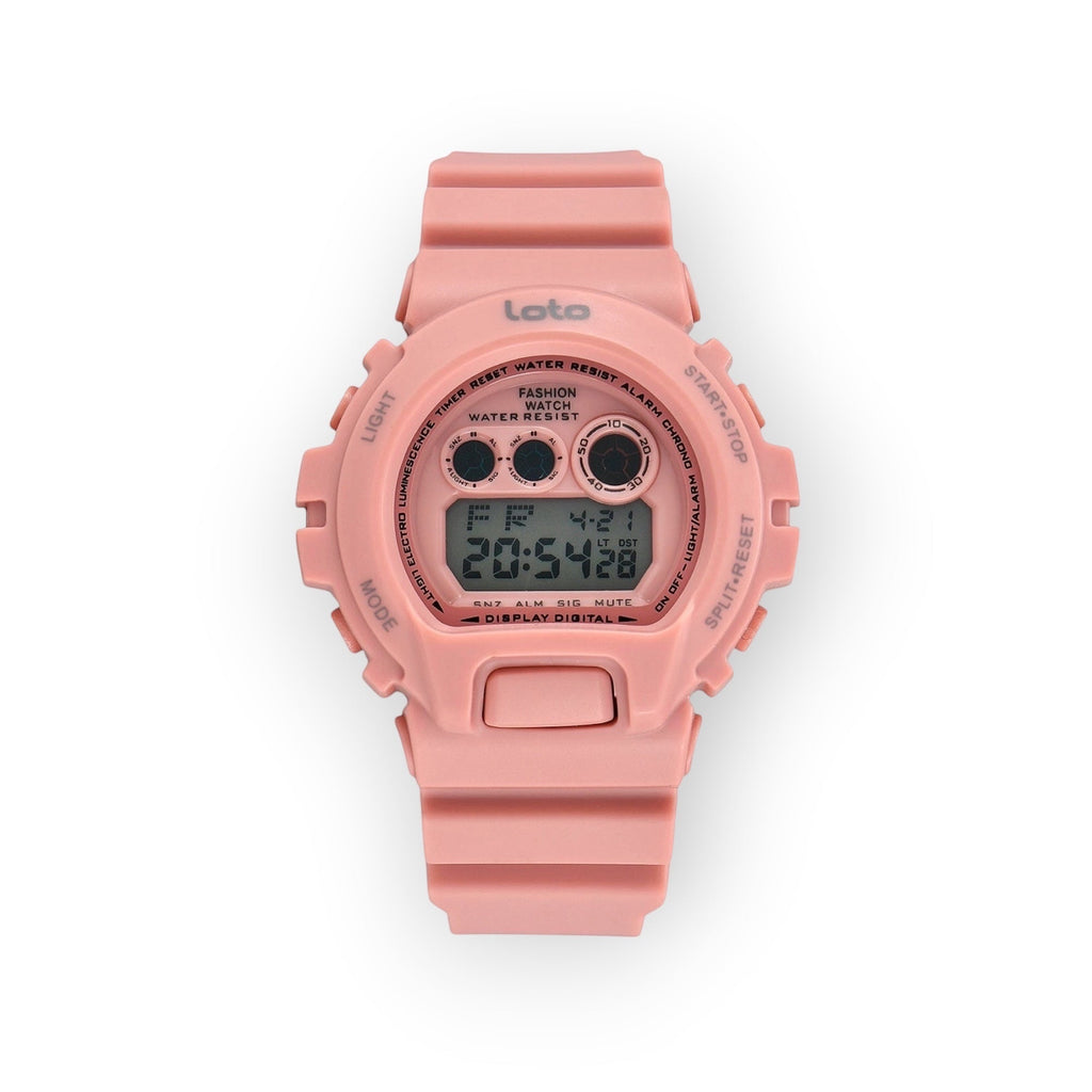 Reloj digital LOTO COMPANY rosa de resina con pantalla LCD, funciones de hora, fecha y alarma.