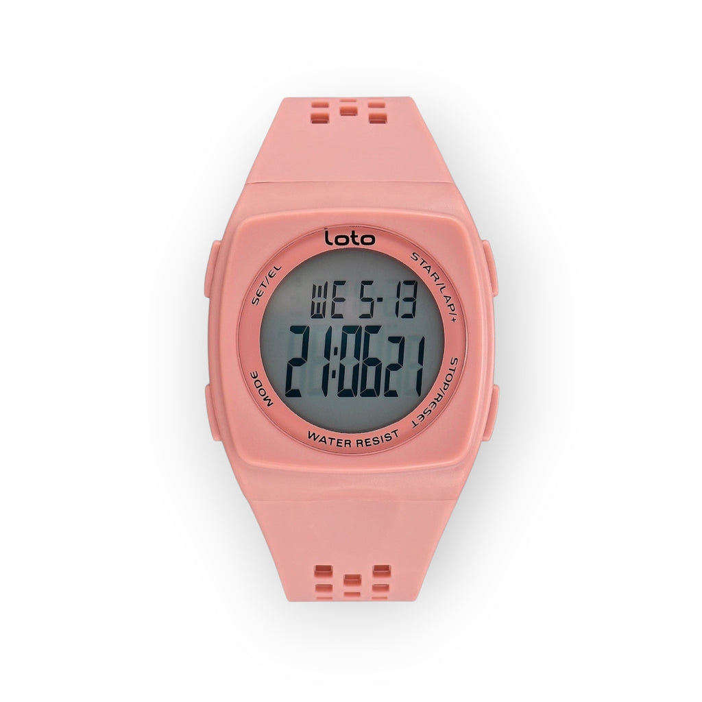 Reloj digital LOTO COMPANY rosa de silicona con pantalla clara, funciones de cronómetro y resistencia al agua.
