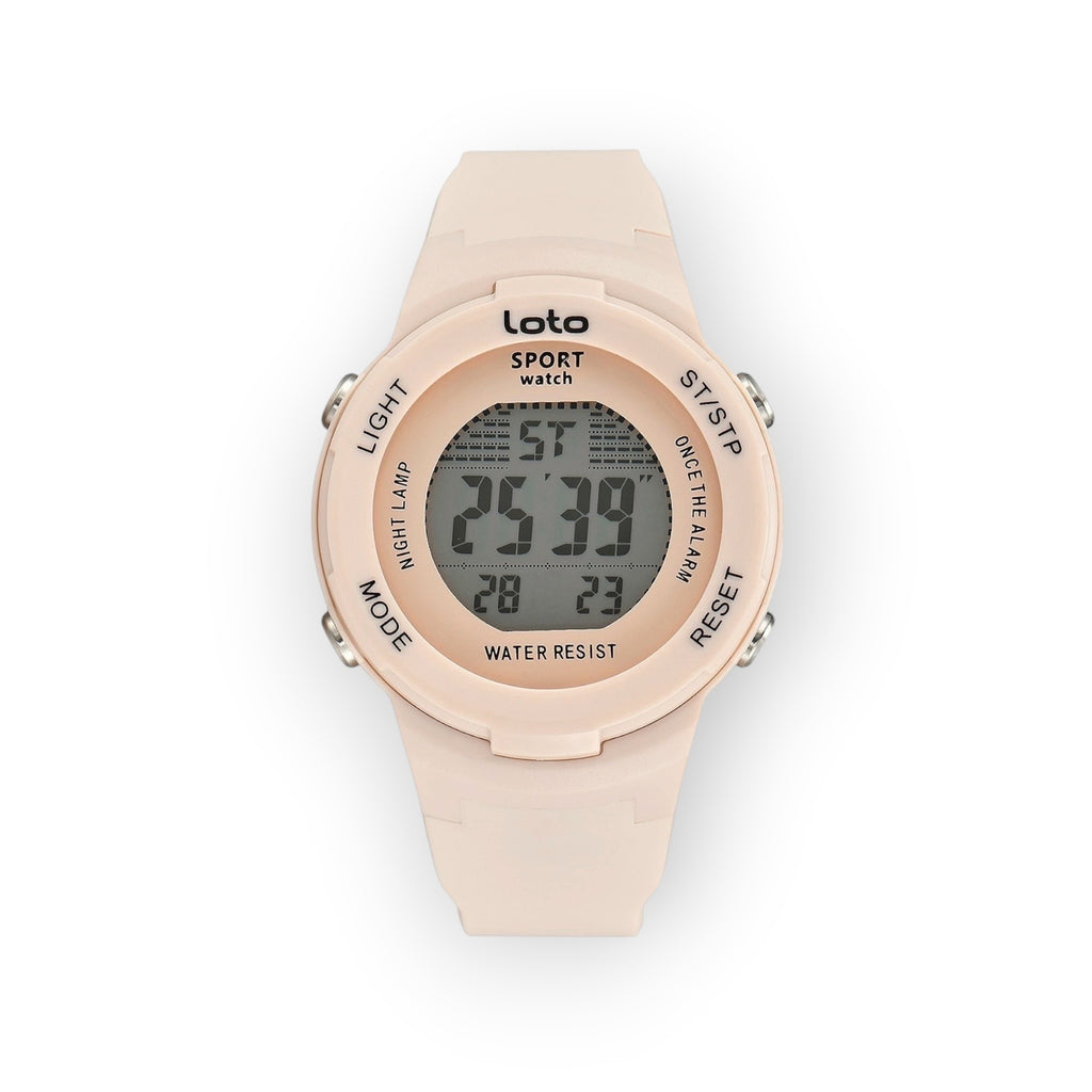 Reloj digital LOTO COMPANY SPORT/2532-1 en color rosa pálido con correa de silicona. Pantalla digital con cronómetro y alarma.
