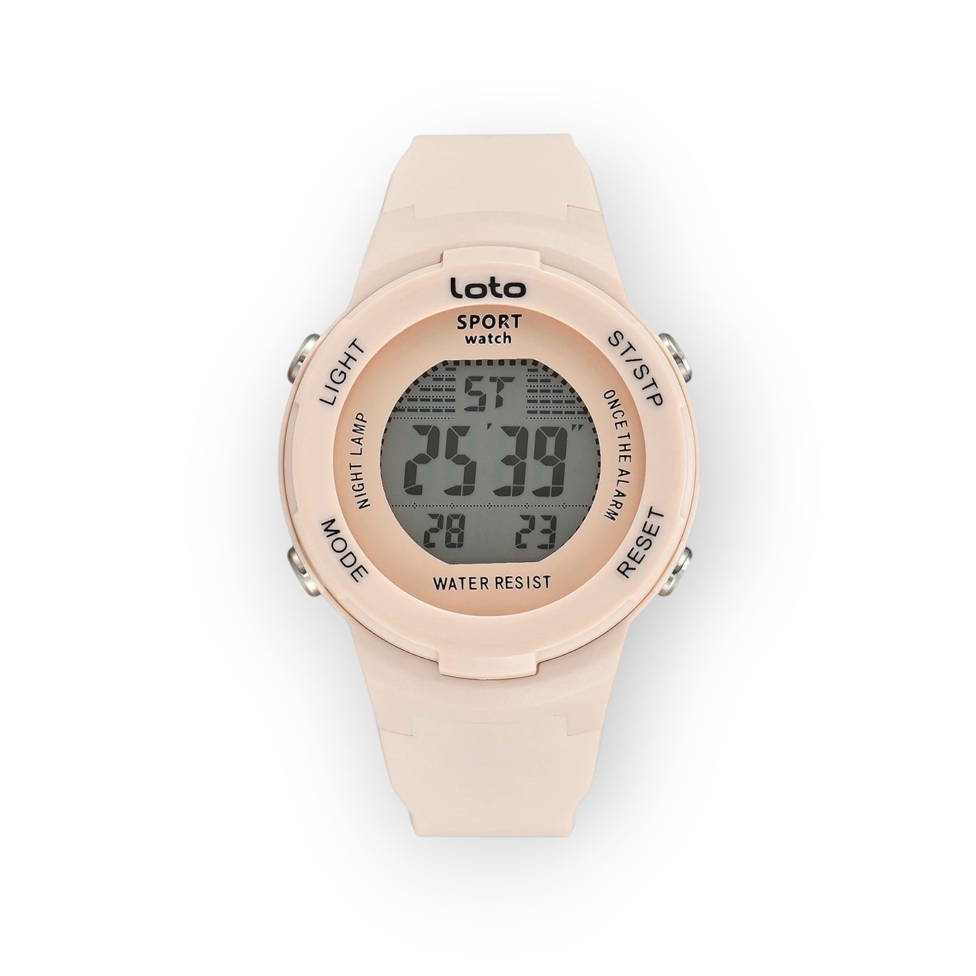 Reloj digital LOTO COMPANY SPORT/2532-1 en color rosa pálido con correa de silicona. Pantalla digital con cronómetro y alarma.