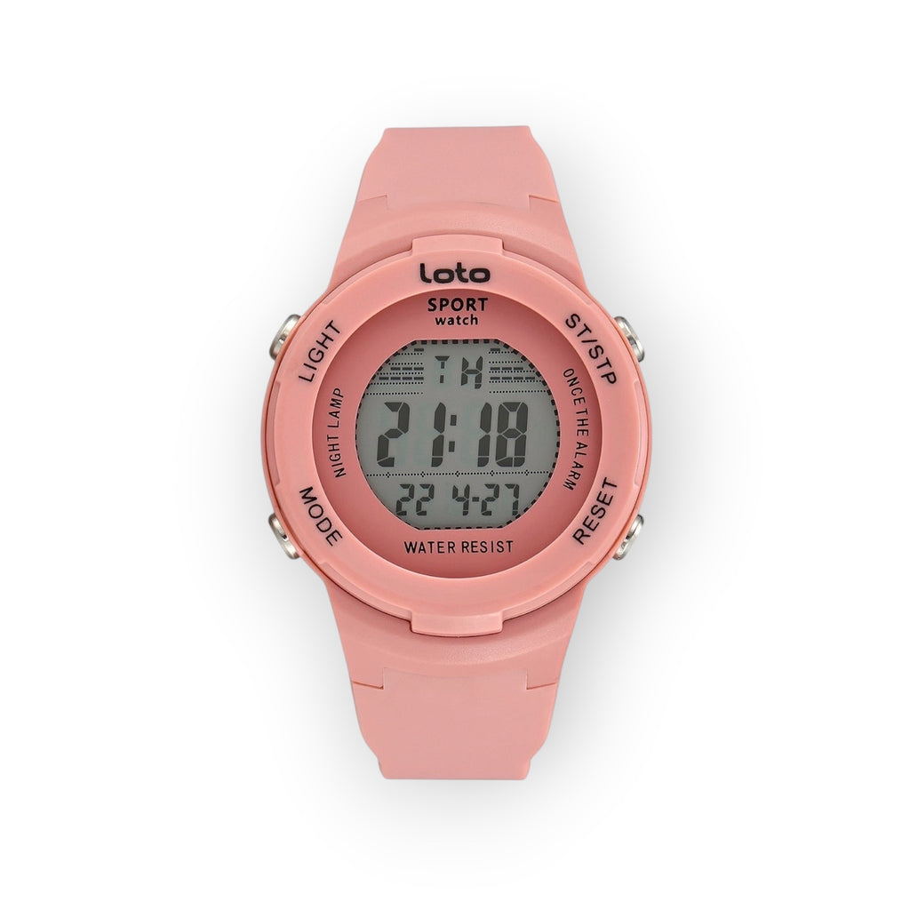 Reloj digital LOTO COMPANY SPORT/2532-1 rosa de silicona con pantalla clara, cronómetro y alarma.