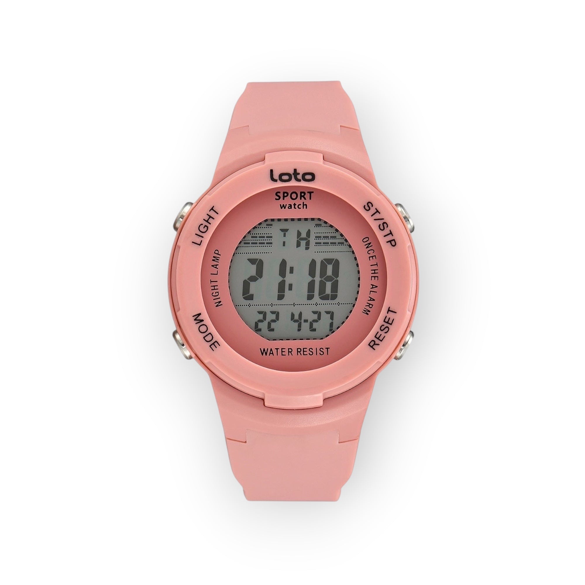 Reloj digital LOTO COMPANY SPORT/2532-1 rosa de silicona con pantalla clara, cronómetro y alarma.