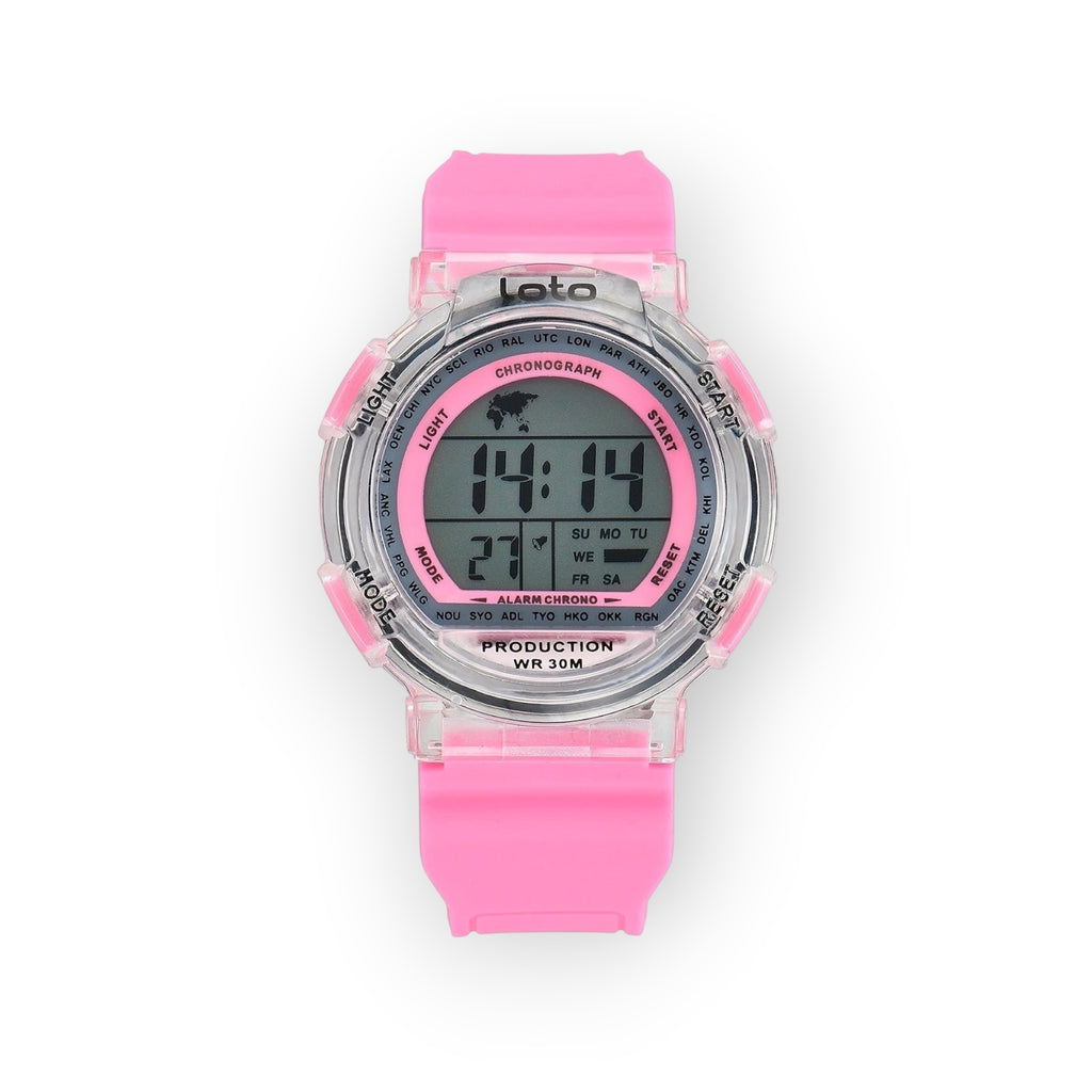 Reloj digital LOTO COMPANY transparente con correa de silicona rosa. Esfera con mapa del mundo, hora, fecha, cronógrafo y alarma. WR 30M.