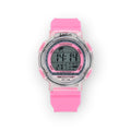 Reloj digital LOTO COMPANY transparente con correa de silicona rosa. Esfera con mapa del mundo, hora, fecha, cronógrafo y alarma. WR 30M.