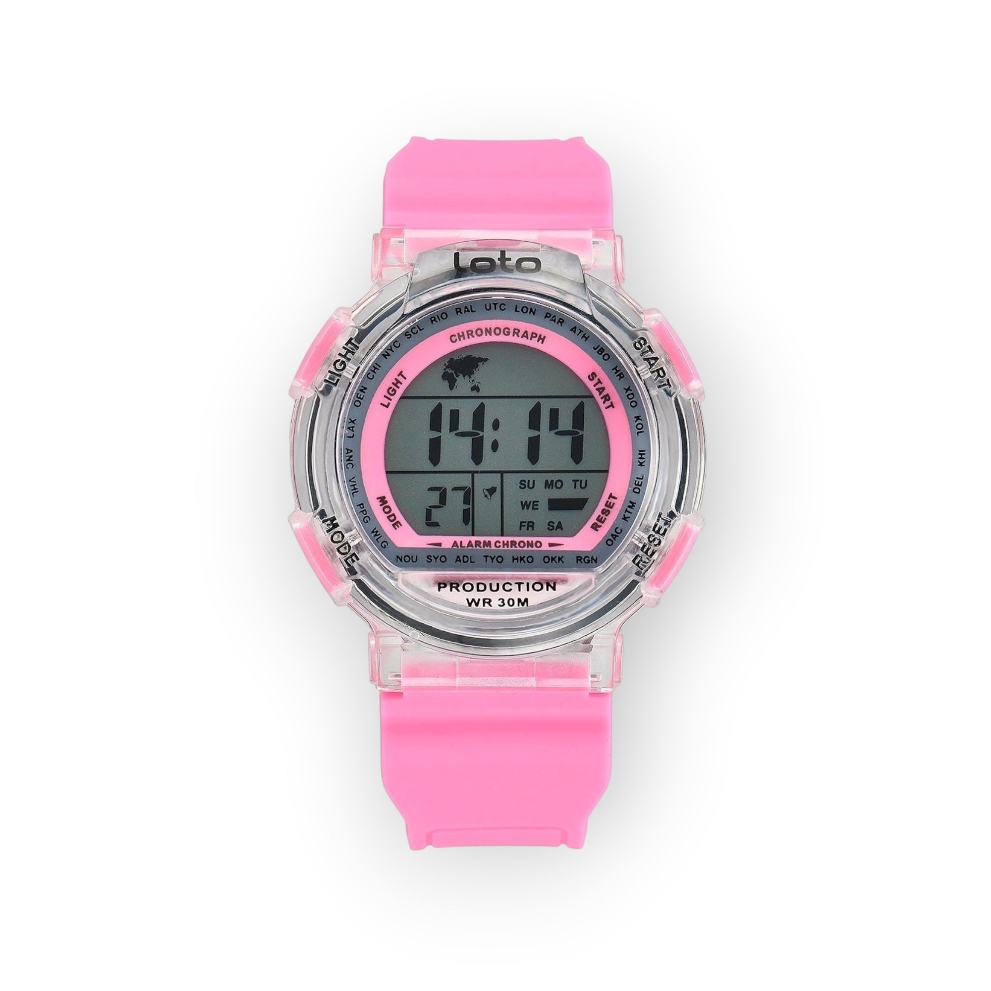 Reloj digital LOTO COMPANY transparente con correa de silicona rosa. Esfera con mapa del mundo, hora, fecha, cronógrafo y alarma. WR 30M.