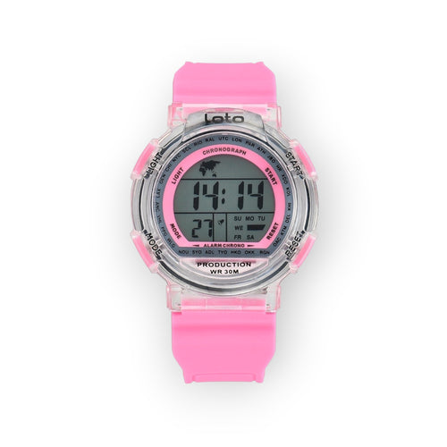 Reloj digital LOTO COMPANY transparente con correa de silicona rosa. Esfera con mapa del mundo, hora, fecha, cronógrafo y alarma. WR 30M.