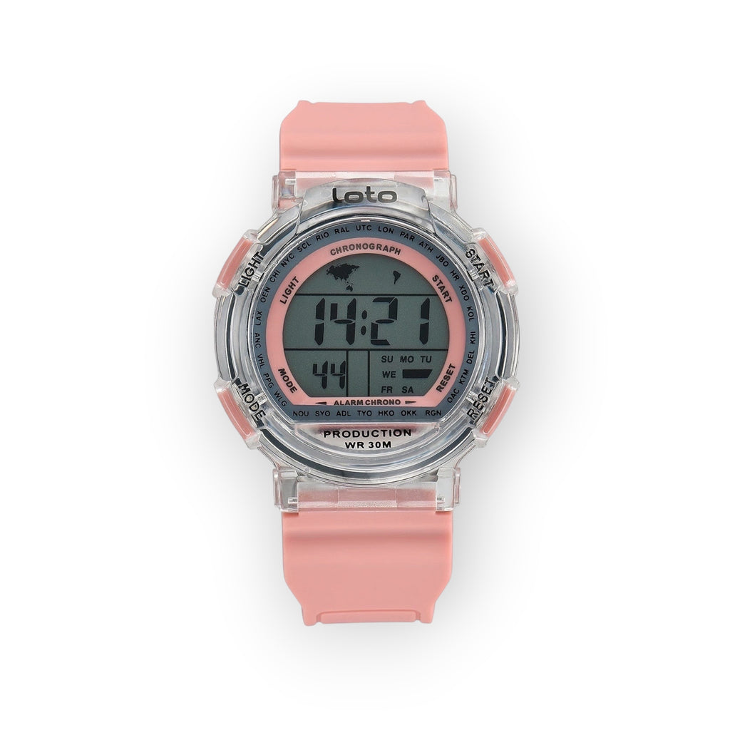 Reloj digital LOTO COMPANY rosa con caja transparente y correa de silicona. Esfera digital con mapa del mundo, cronógrafo y alarma. Resistente al agua 30m.