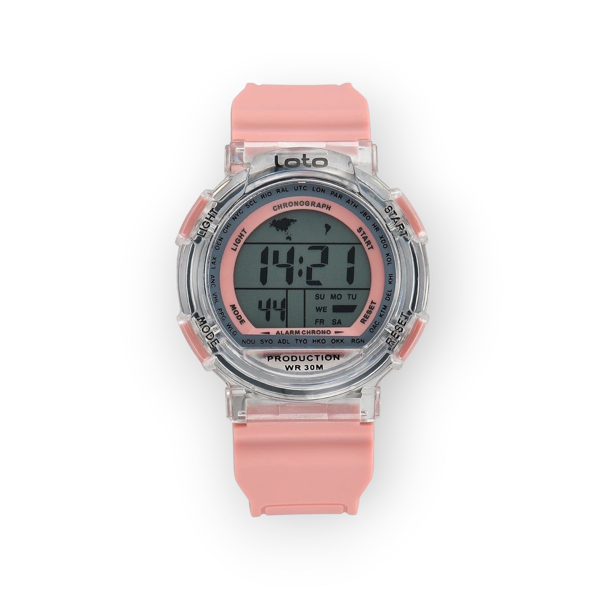 Reloj digital LOTO COMPANY rosa con caja transparente y correa de silicona. Esfera digital con mapa del mundo, cronógrafo y alarma. Resistente al agua 30m.