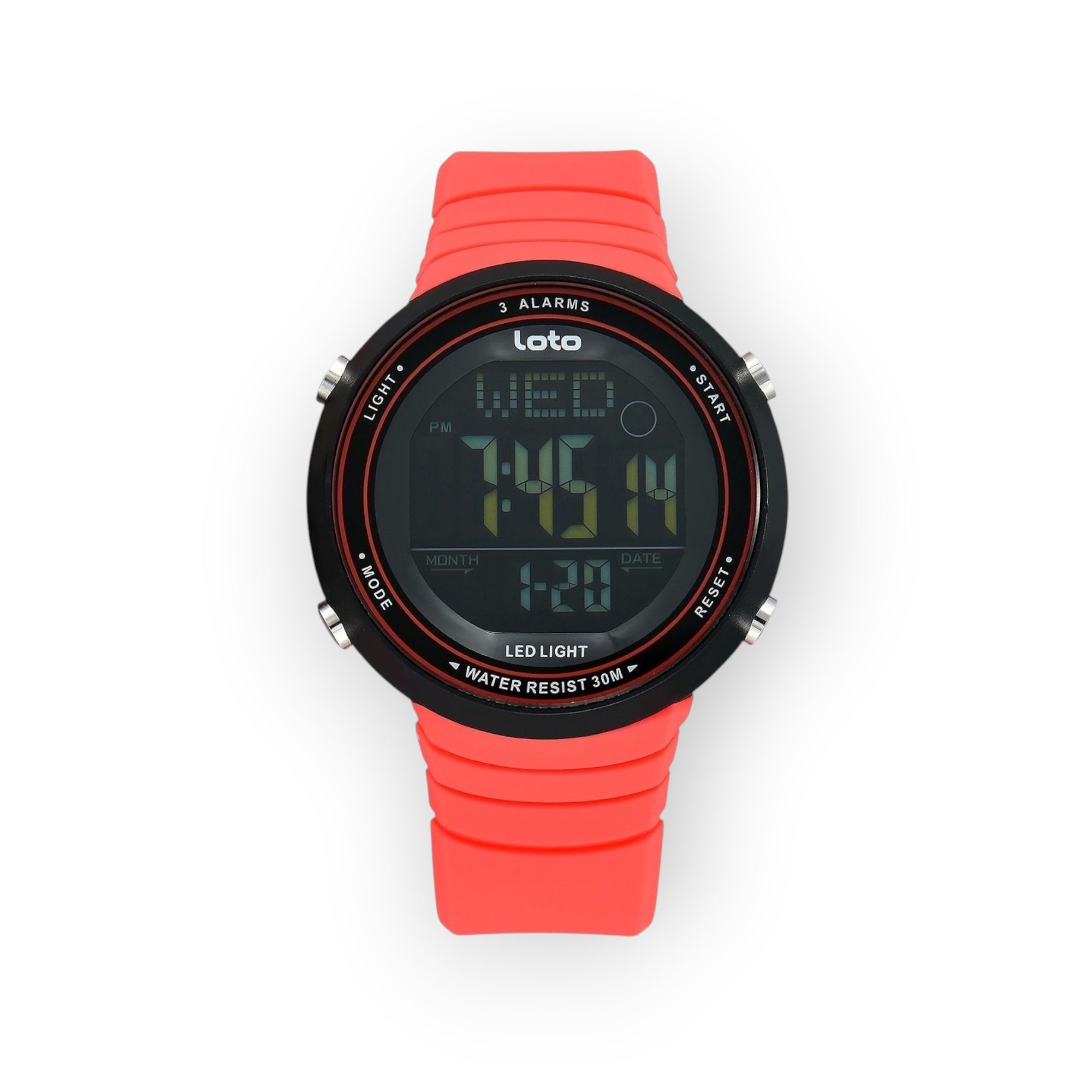 Reloj digital deportivo LOTO COMPANY RUSH 2545 en color rojo con correa de silicona y pantalla LED resistente al agua.
